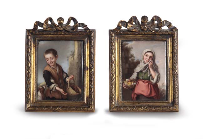A pair of mid 19th century enamel miniatures after Murrillo Probably French