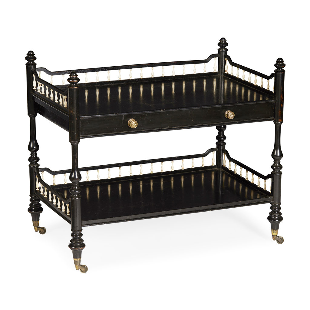 VICTORIAN EBONISED AND BONE ETAGERE BY HOWARD & SONS