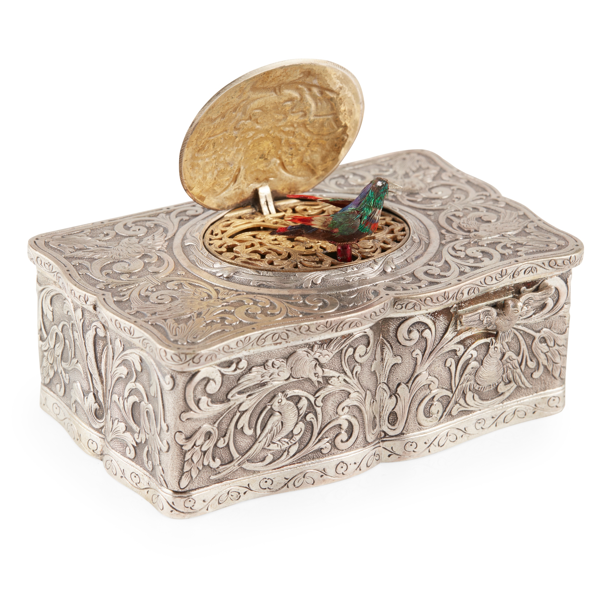 GERMAN OR AUSTRIAN SILVER AND GILT-SILVER SINGING BIRD BOX