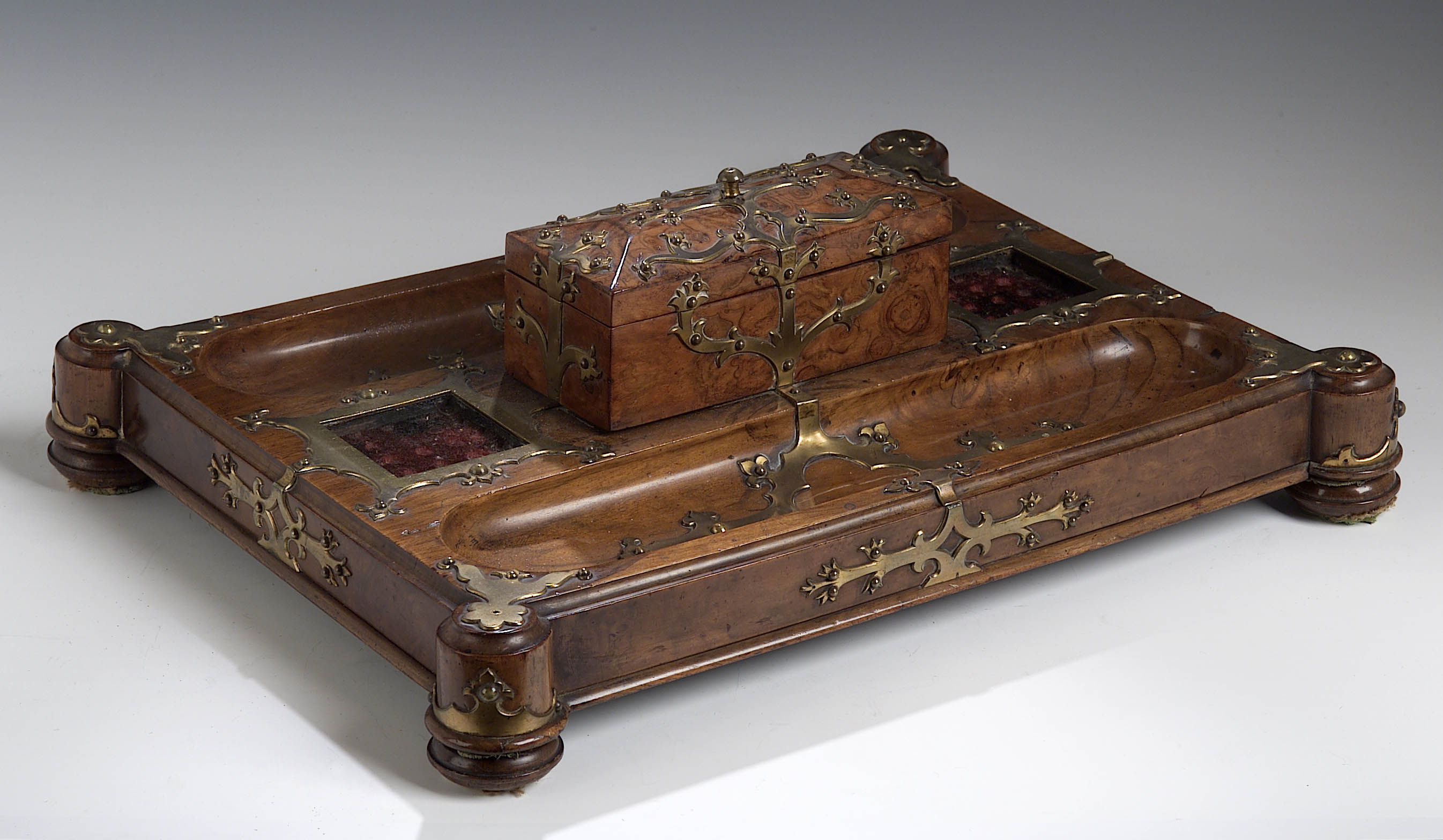 A Victorian walnut veneered and brass bound deskstand