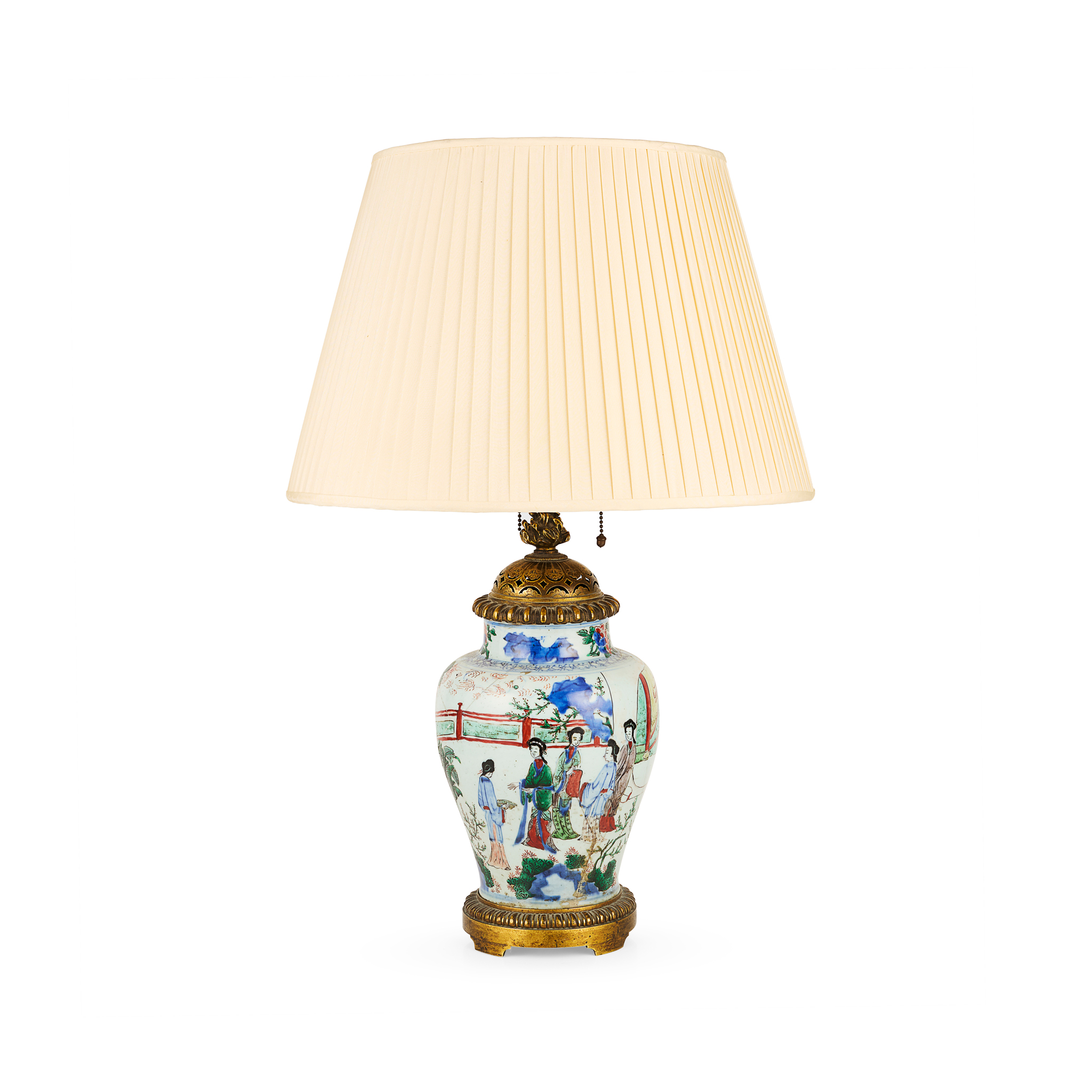 GILT BRONZE MOUNTED CHINESE WUCAI LADIES PORCELAIN VASE LAMP