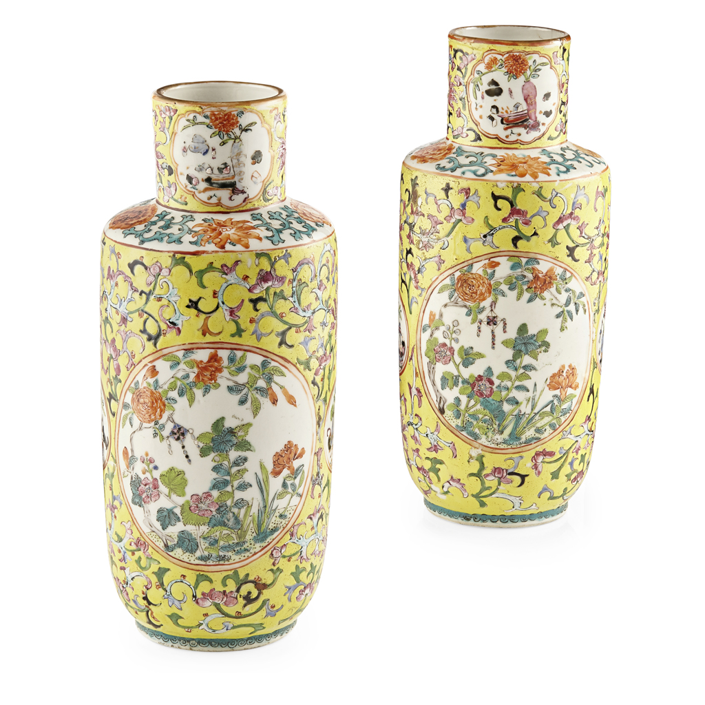 PAIR OF YELLOW-GROUND FAMILLE ROSE VASES