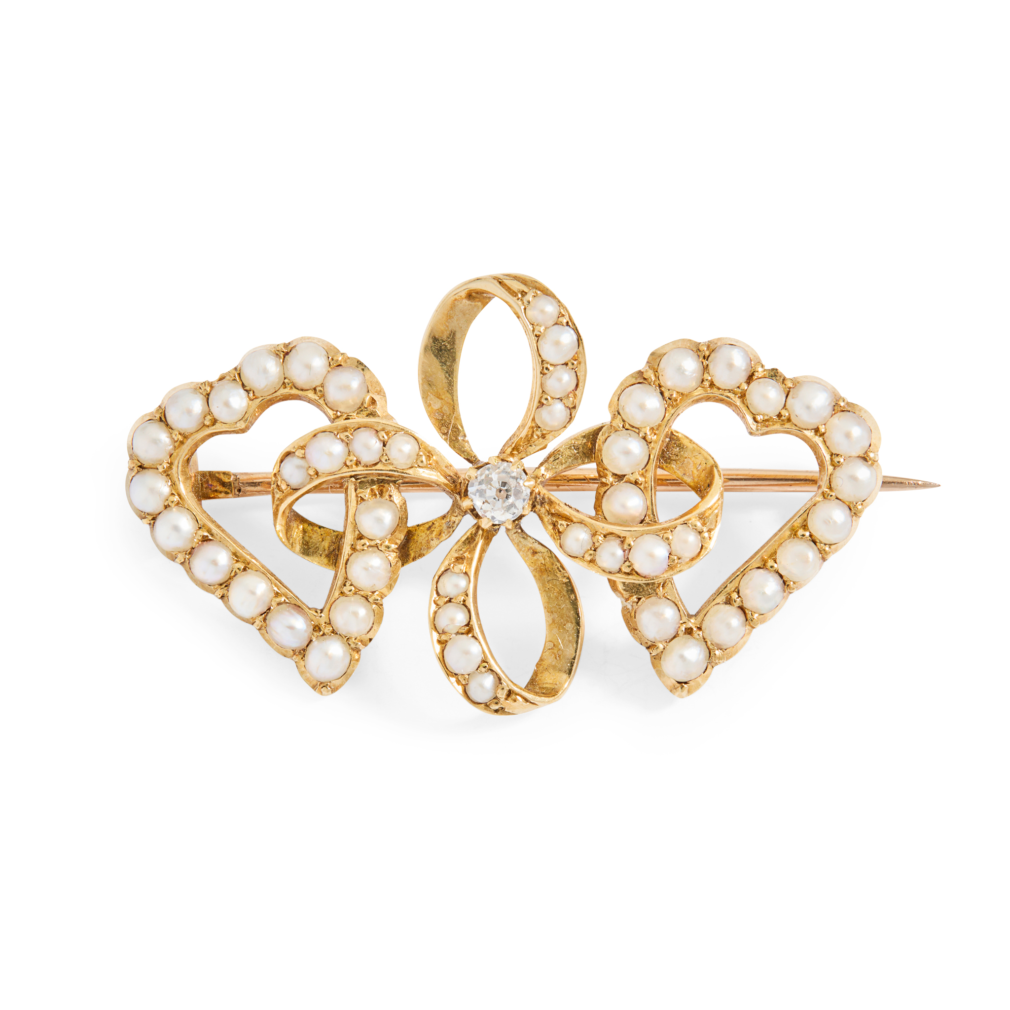 A pearl and diamond sweetheart brooch
