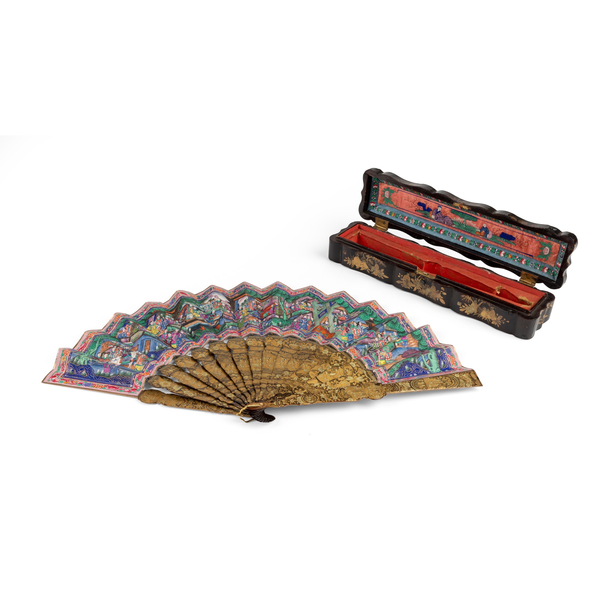 FINE CANTON LACQUERED AND PAPER 'THOUSAND FACES' FAN