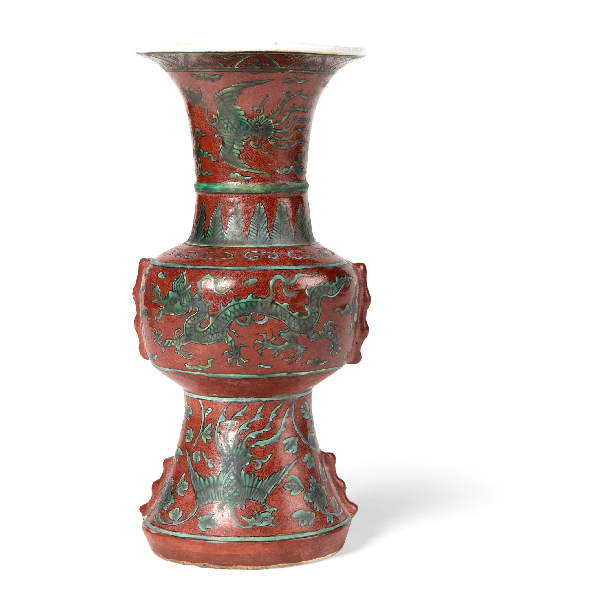 RED-ENAMELLED GREEN-DECORATED 'GU' VASE