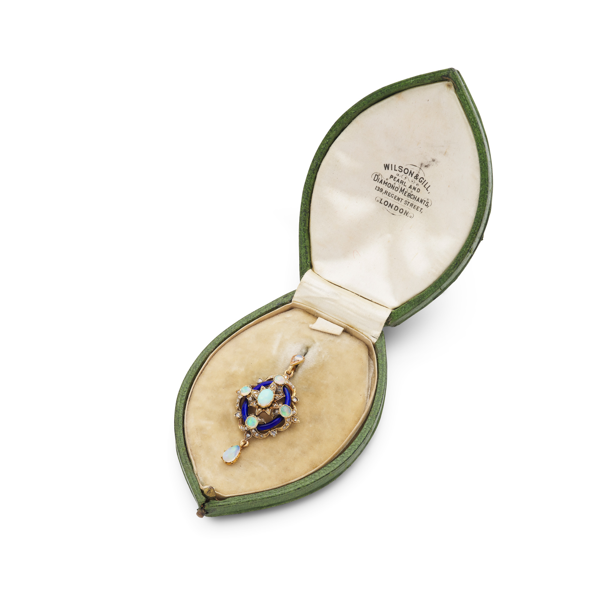 An opal, enamel and diamond pendant, circa 1870