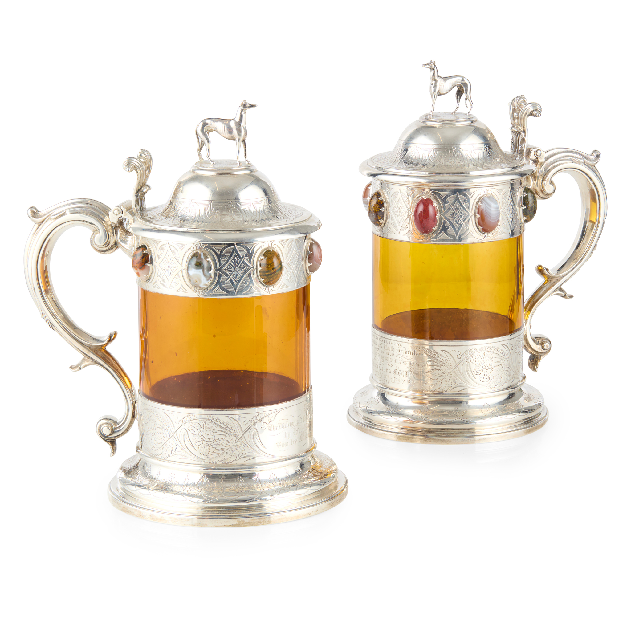 A PAIR OF MATCHED VICTORIAN HARDSTONE SET PRESENTATION TANKARDS