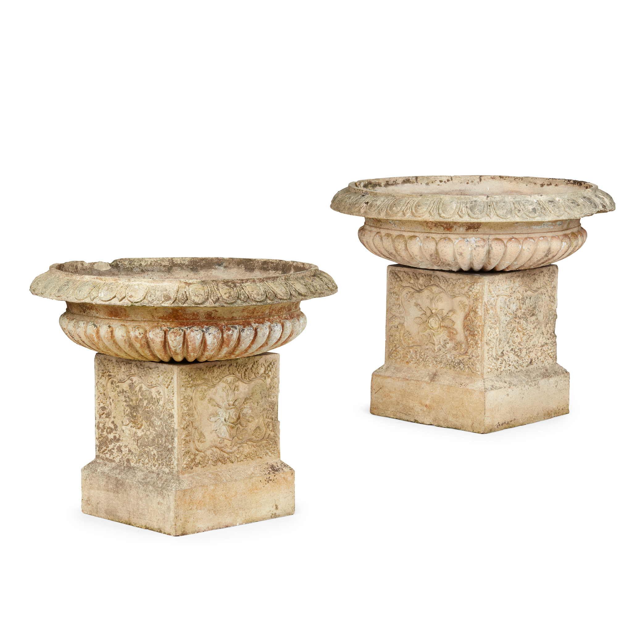 PAIR OF LARGE FIRE CLAY URN BASINS AND PEDESTALS