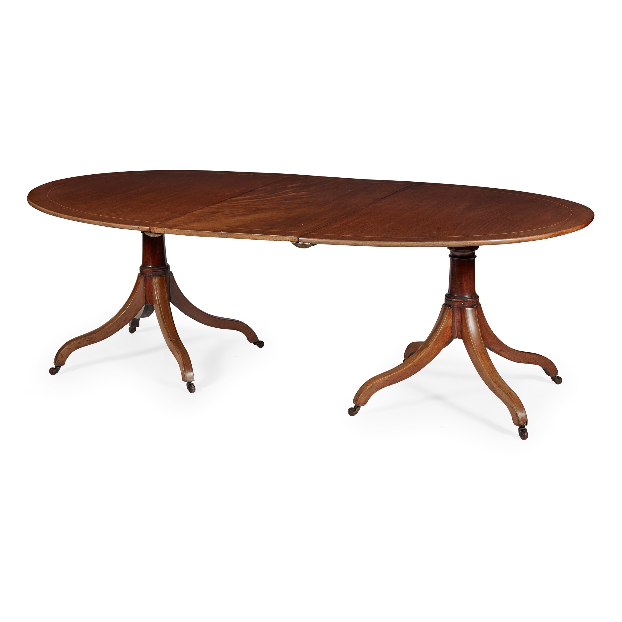 LATE GEORGIAN MAHOGANY AND BOXWOOD STRUNG TWIN PEDESTAL DINING TABLE