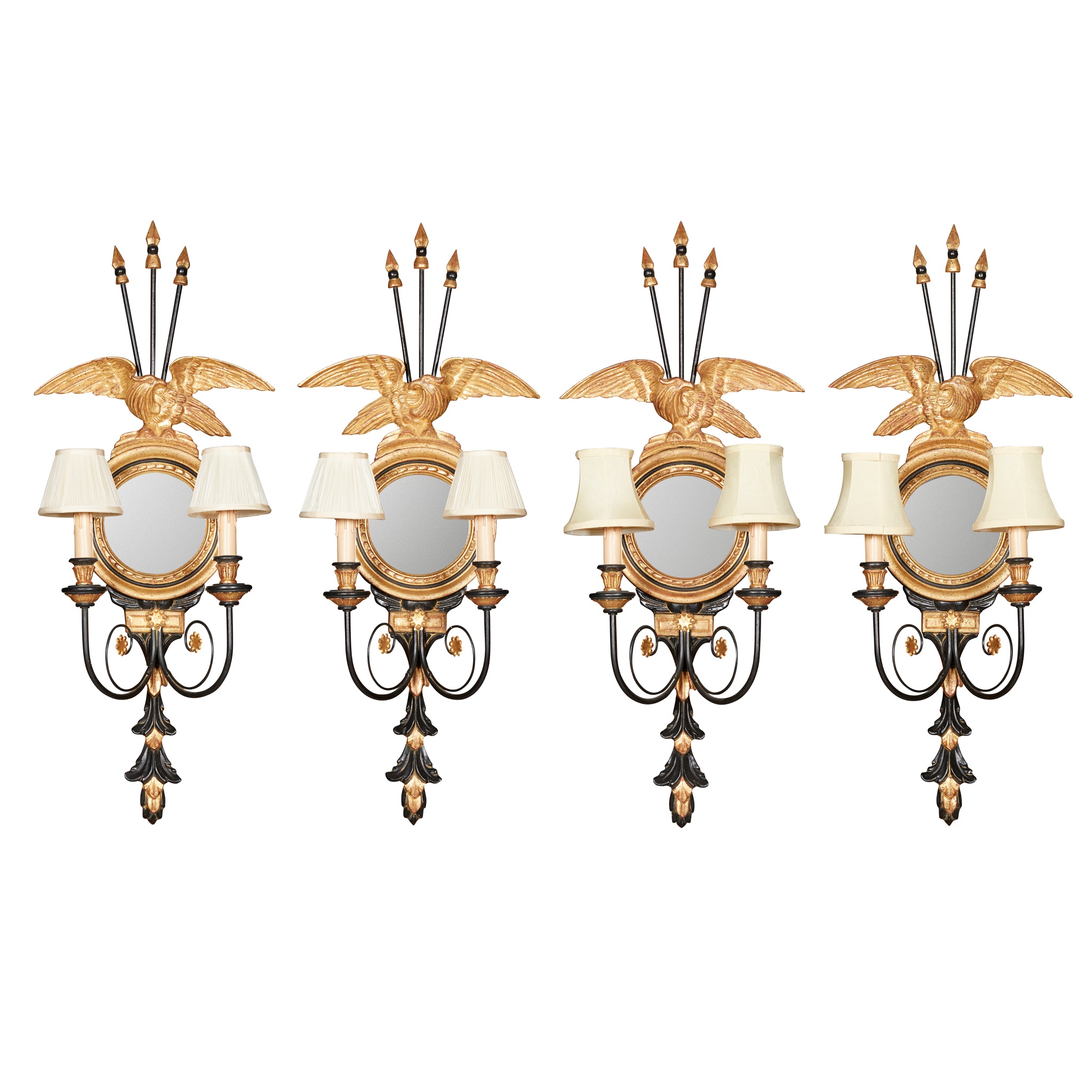SET OF FOUR GILTWOOD AND EBONSISED 'TRAFALGAR' WALL LIGHTS, BY BEAUMONT & FLETCHER