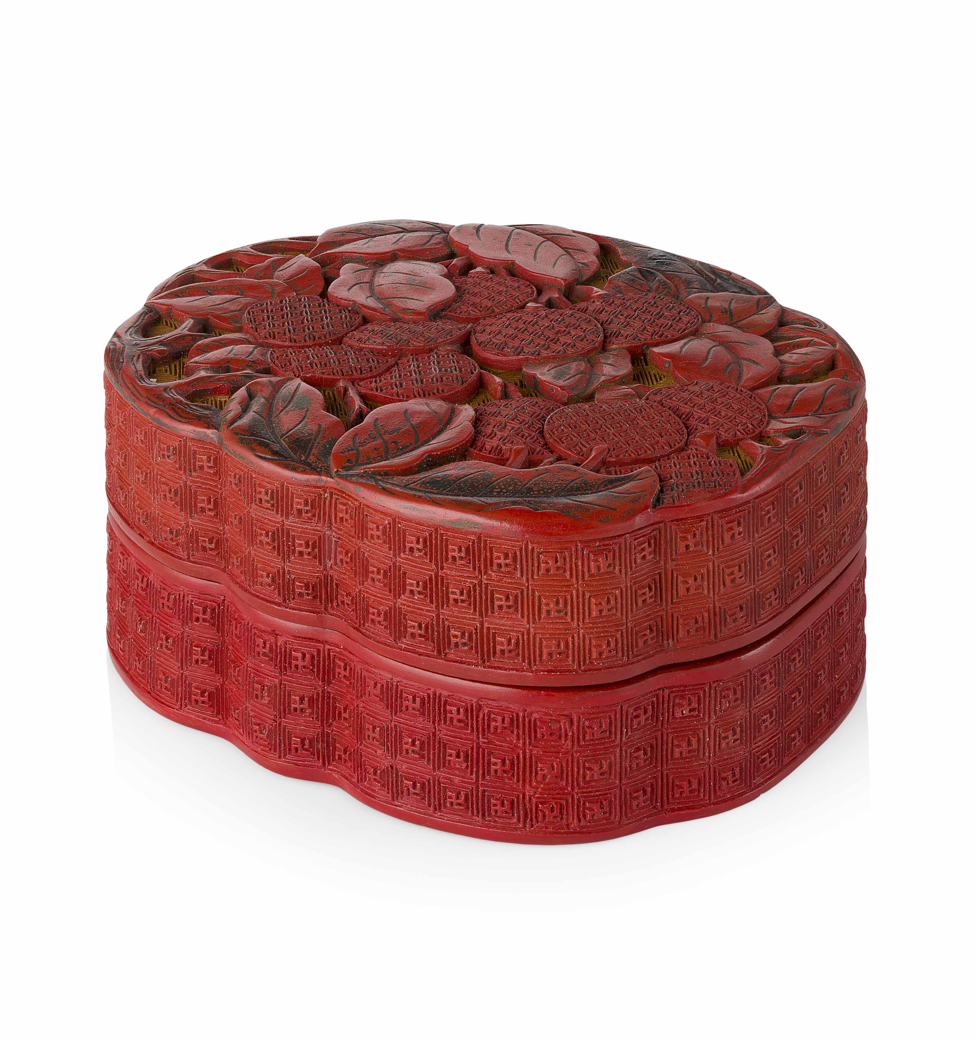 LOBED TWO TONE CINNABAR LACQUER BOX AND COVER