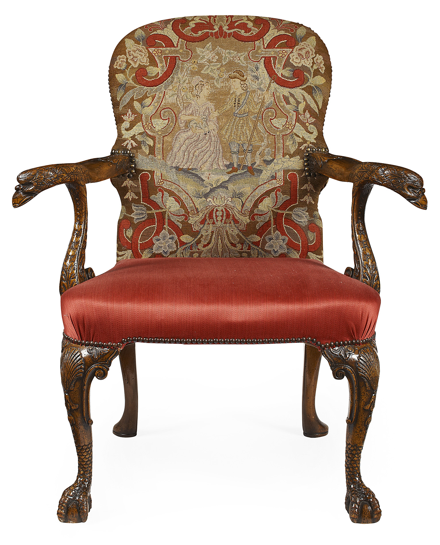 GEORGE I STYLE CARVED WALNUT ARMCHAIR