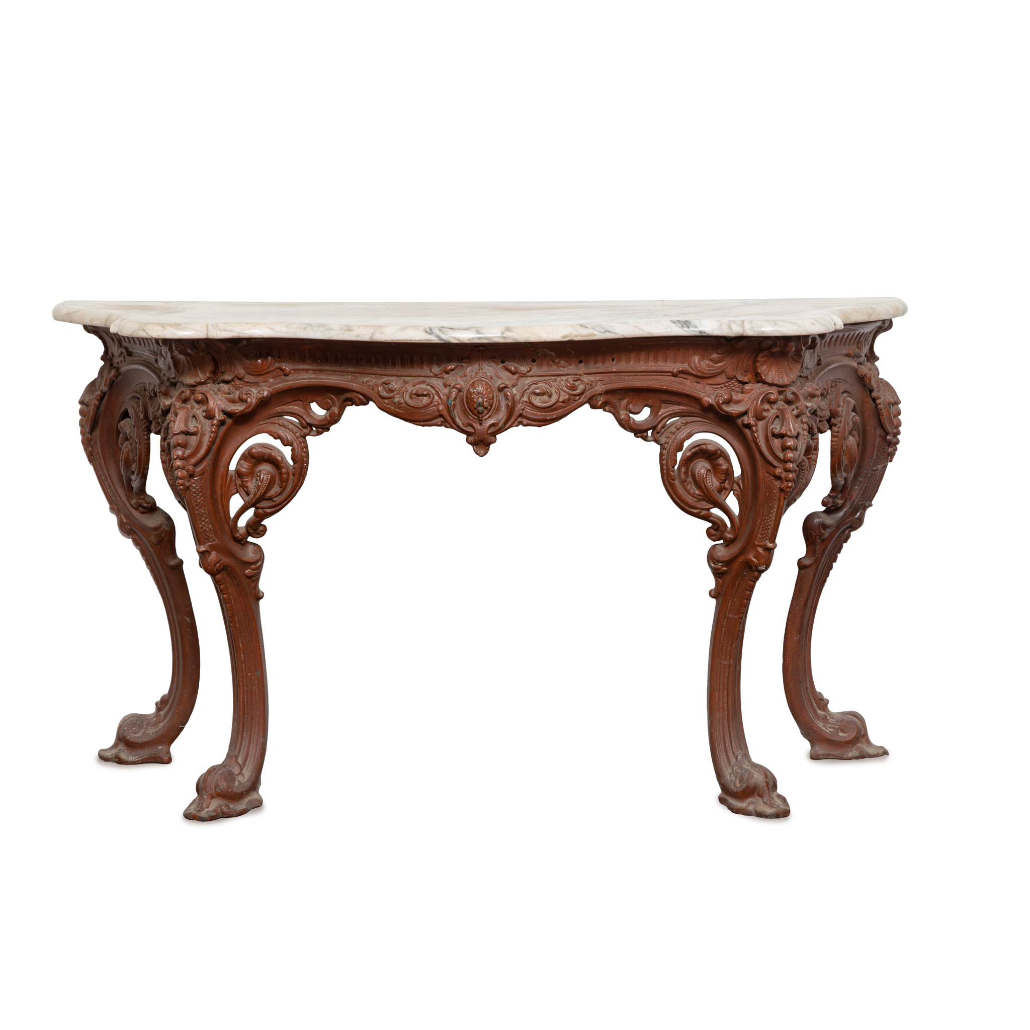 A RUSSET PAINTED MARBLE TOP CONSOLE TABLE IN THE COALBROOKEDALE MANNER