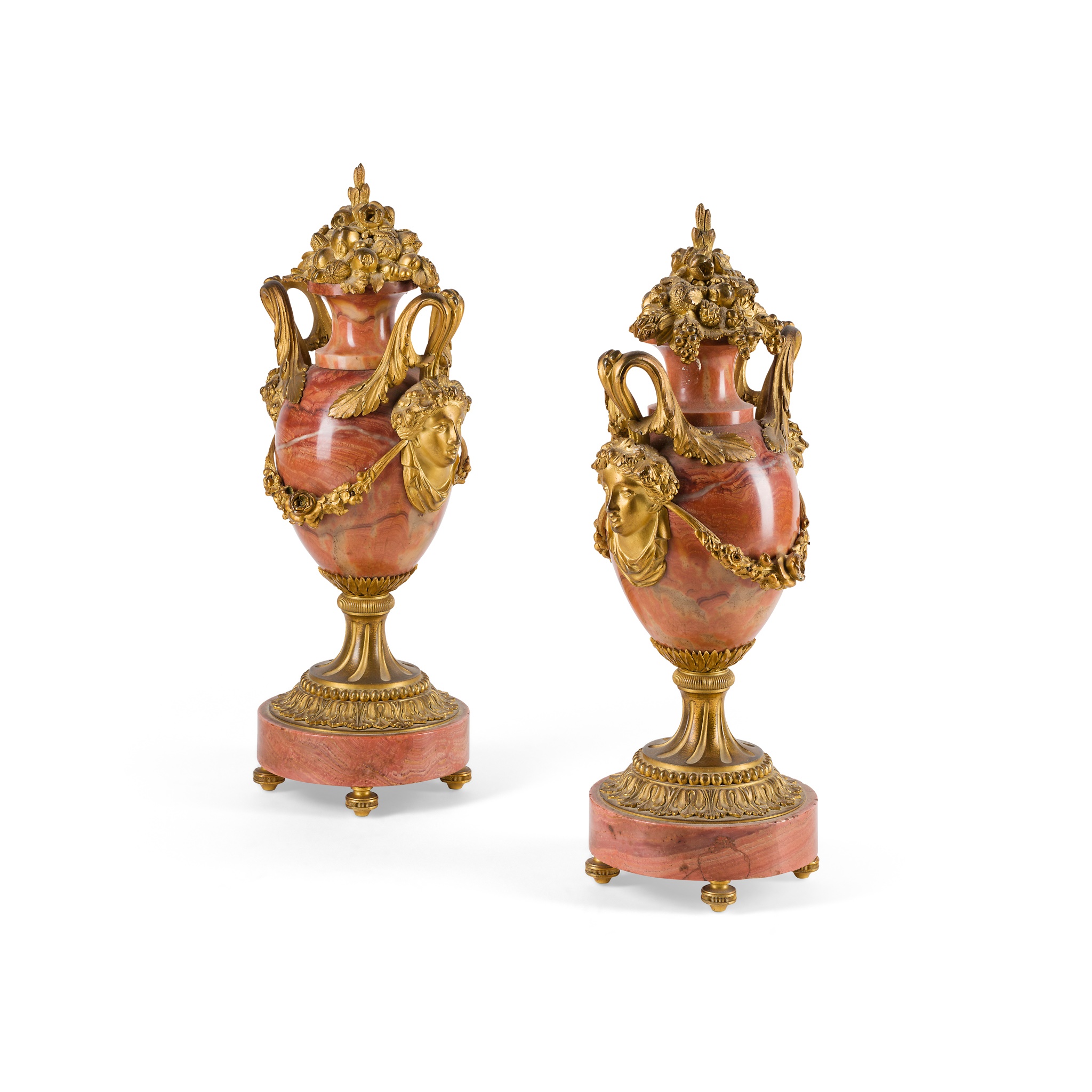 PAIR OF FRENCH PINK VEINED MARBLE AND GILT BRONZE URNS