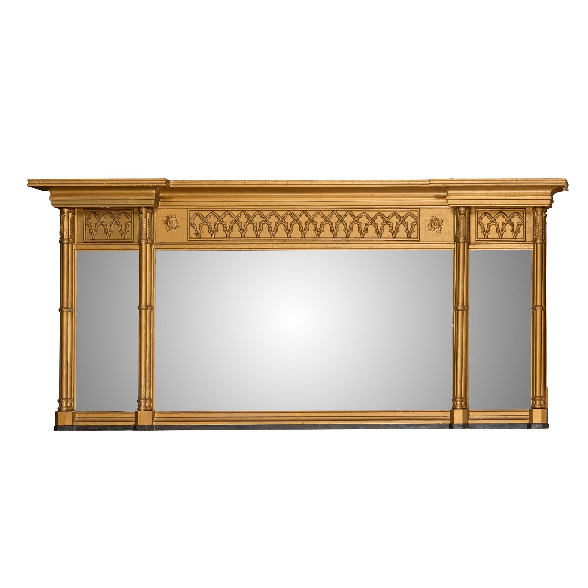 REGENCY GILT AND GESSO TRIPLE PLATE OVERMANTEL MIRROR