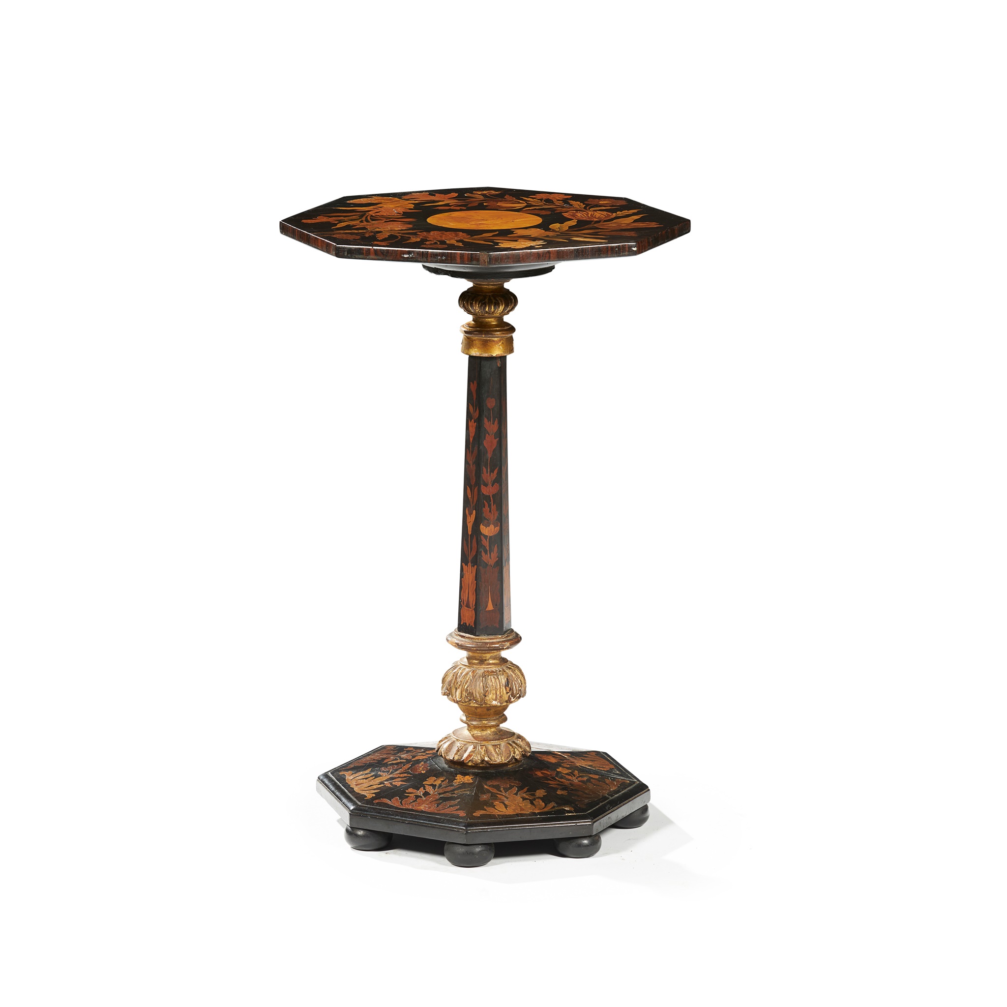 DUTCH MARQUETRY, EBONY, EBONISED AND PARCEL GILT OCCASIONAL TABLE, IN THE MANNER OF JAN VAN MEEKEREN