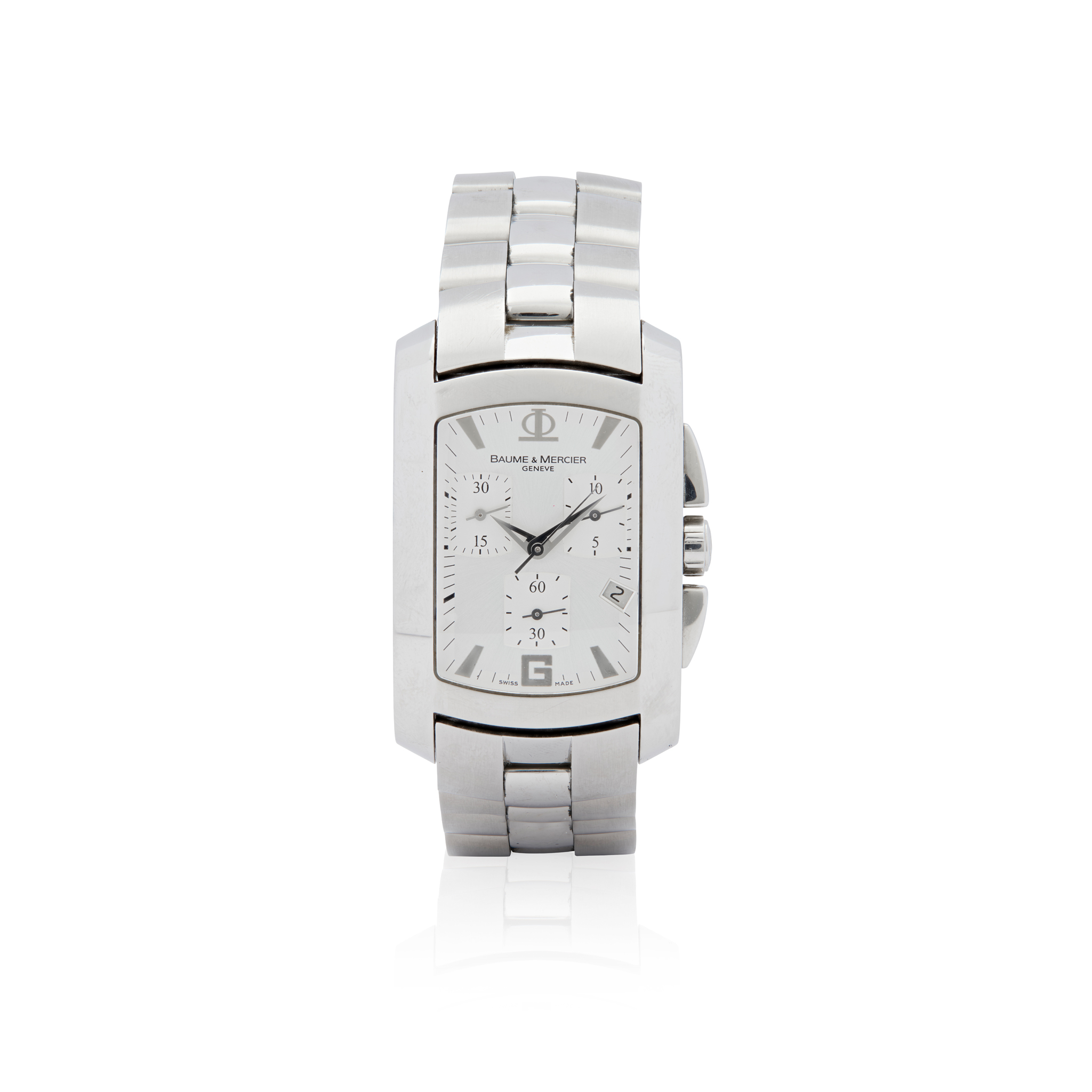 Baume & Mercier. A stainless steel rectangular quartz chronograph wristwatch on bracelet