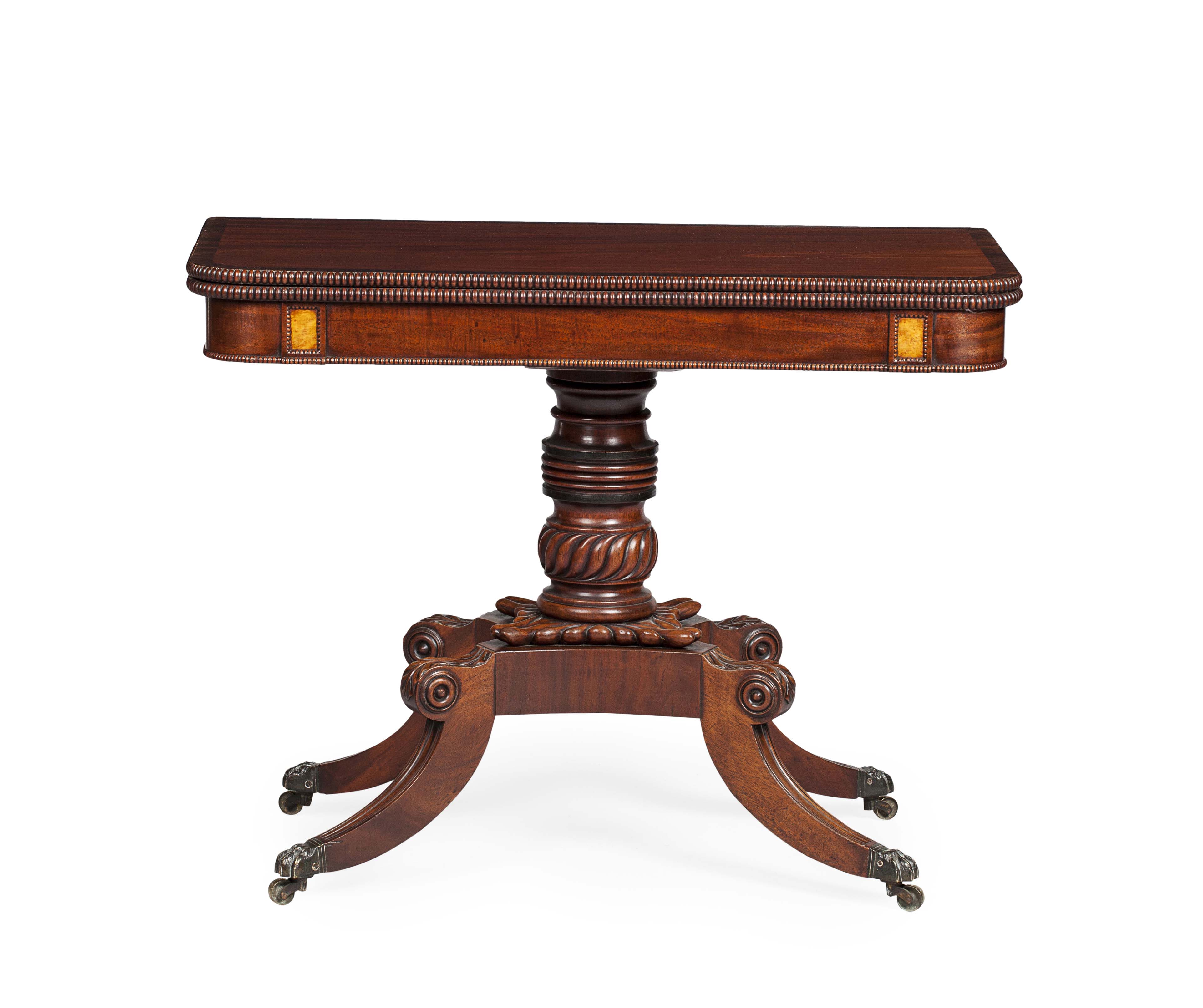 SCOTTISH REGENCY MAHOGANY, ROSEWOOD AND AMBOYNA FOLDOVER TEA TABLE ATTRIBUTED TO JAMES MEIN OF KELSO