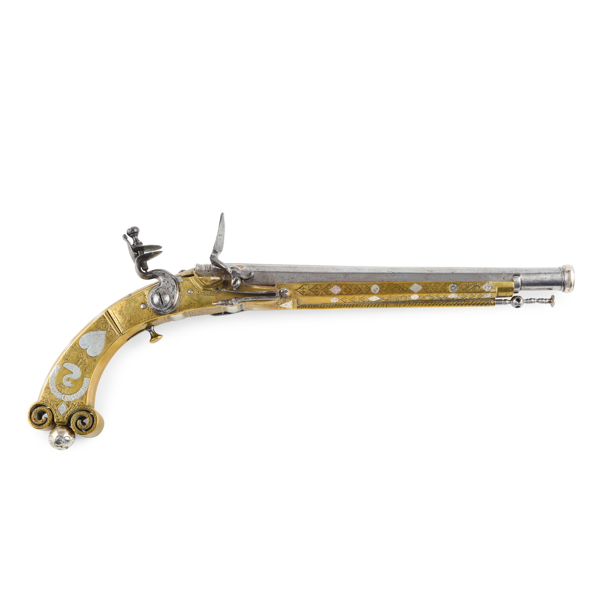 THE CAMPBELL OF CAWDOR PISTOL - AN EARLY 18TH CENTURY SCOTTISH BRASS, STEEL AND SILVER INLAID FLINTLOCK BELT PISTOL