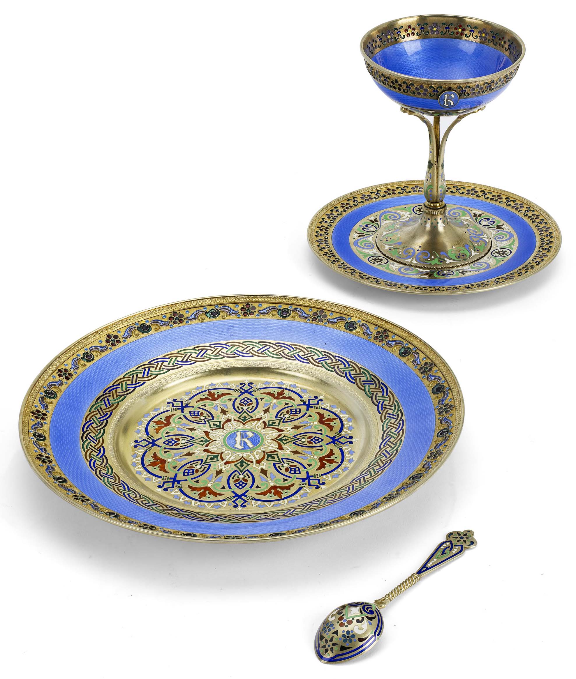 An important Russian silver-gilt and plique-à-jour enamel-decorated dinner service