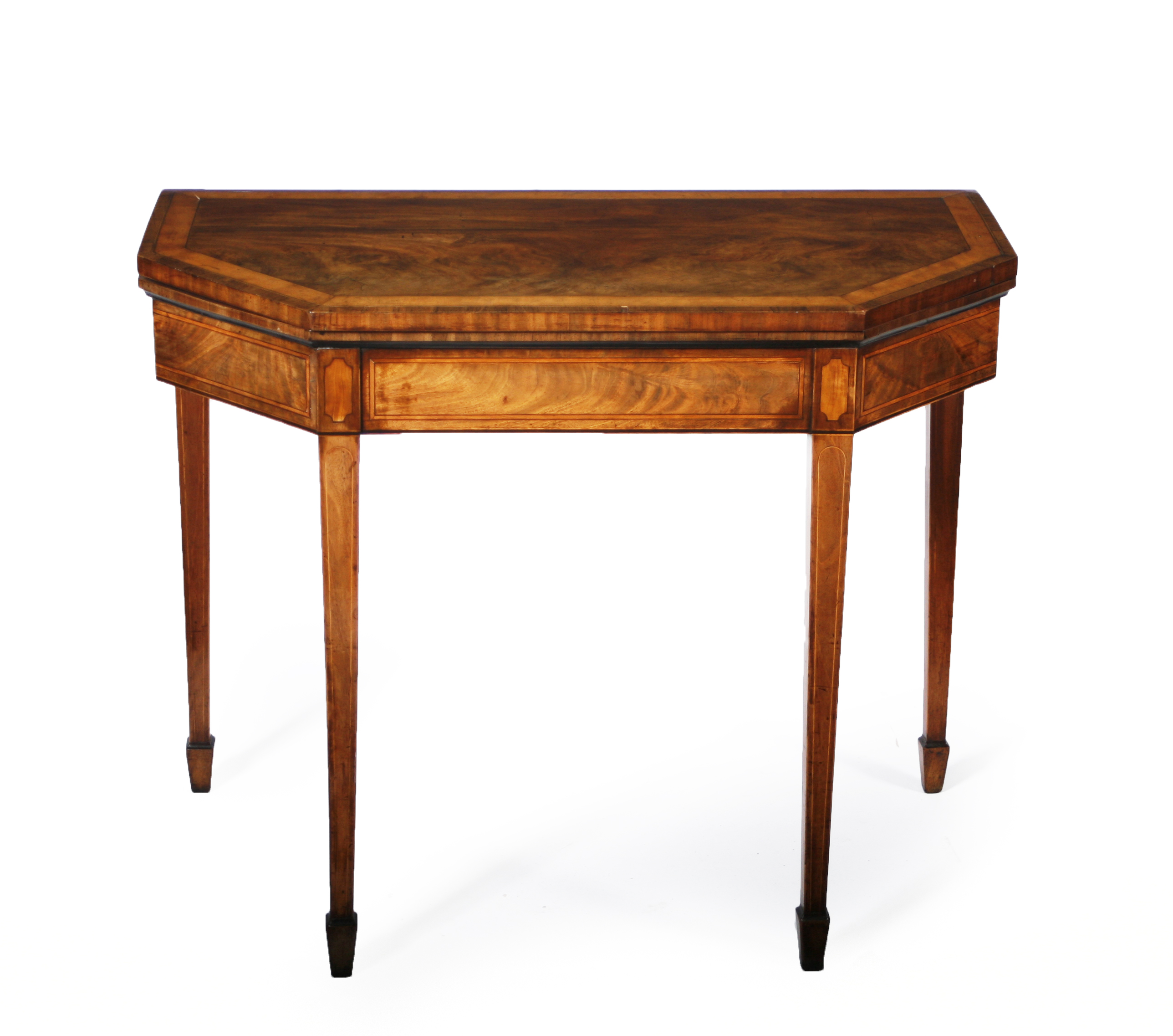 GEORGE III MAHOGANY AND SATINWOOD CROSSBANDED FOLD OVER CARD TABLE