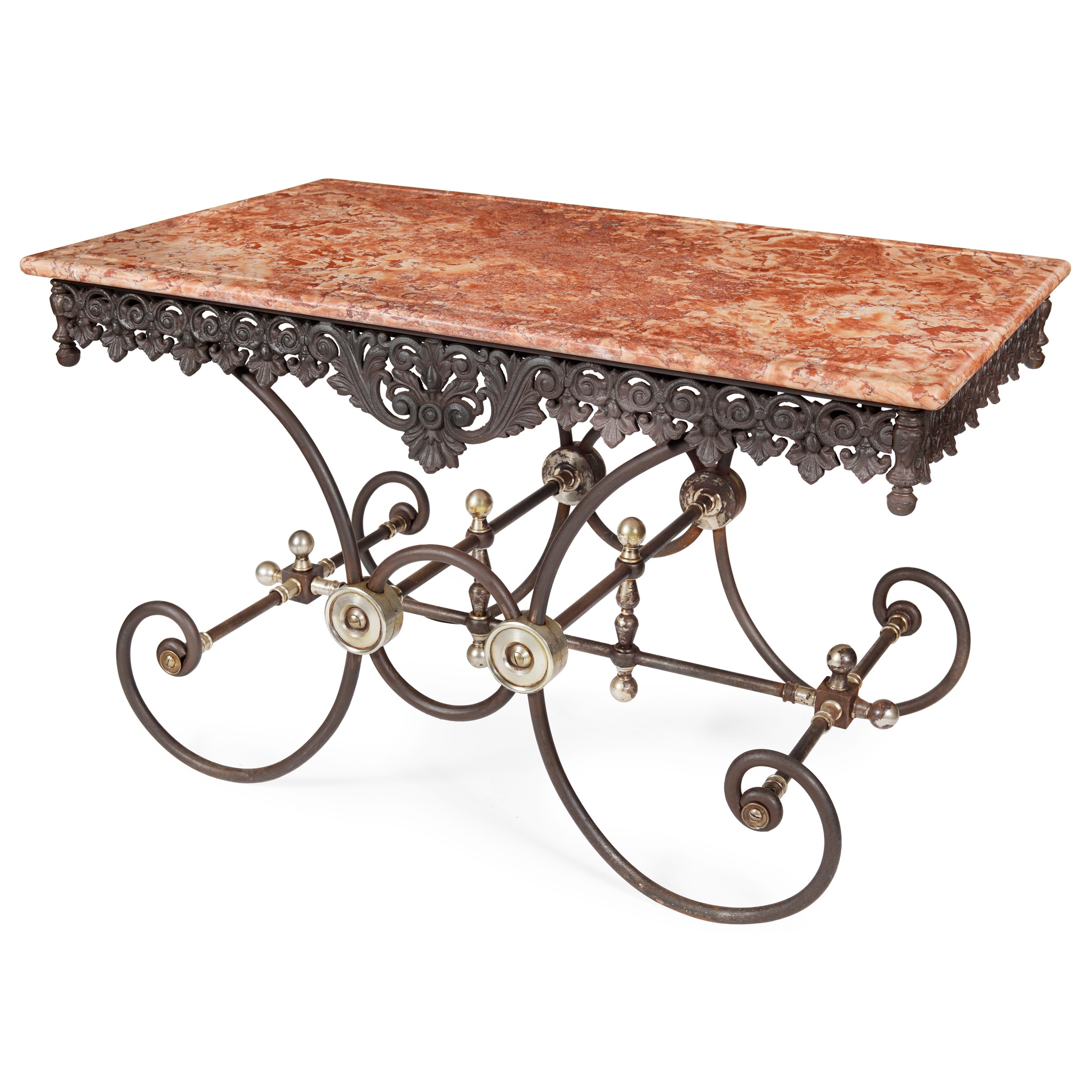 FRENCH MARBLE TOPPED CAST IRON BUTCHER’S TABLE