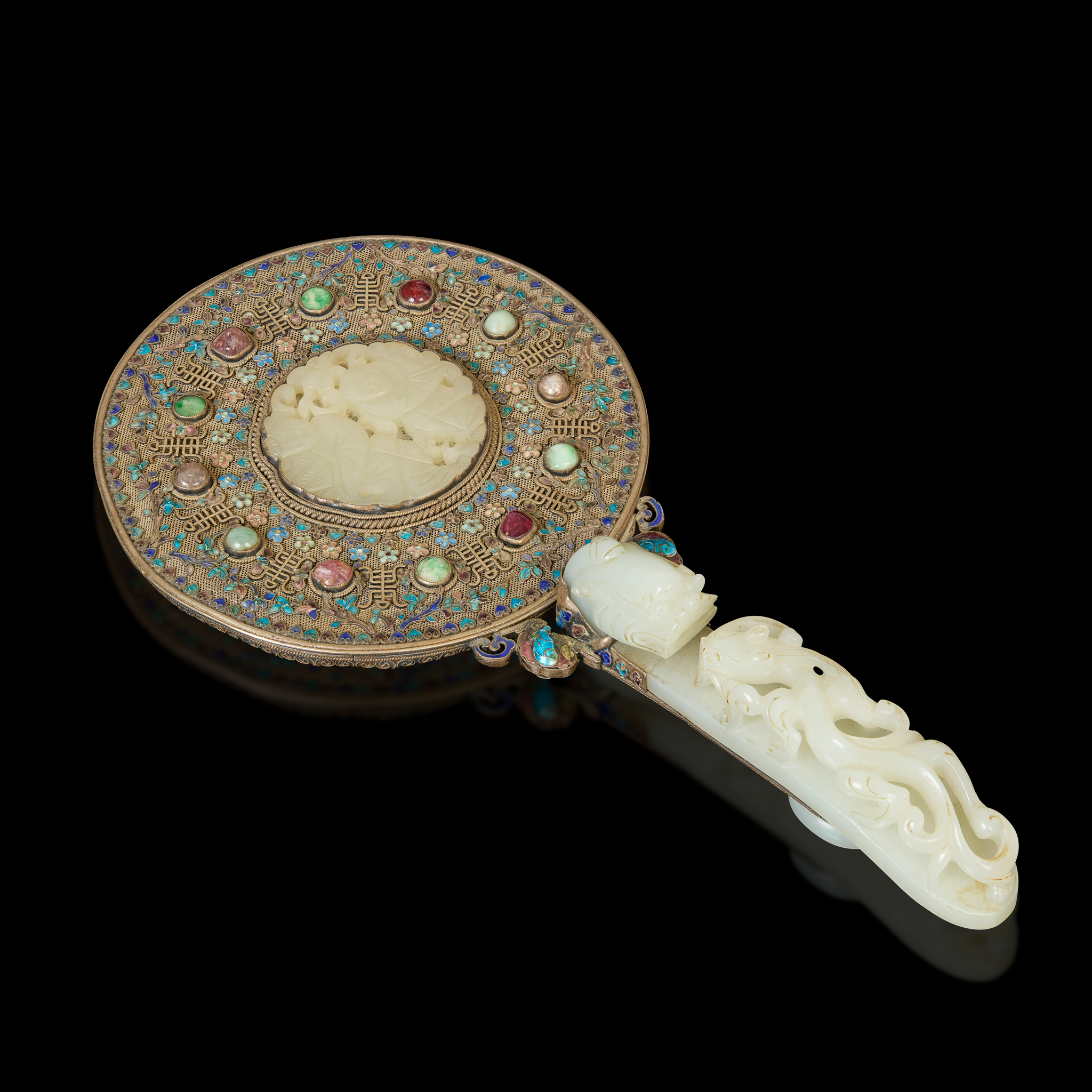 HARDSTONE-INLAID JADE-EMBELLISHED HAND MIRROR
