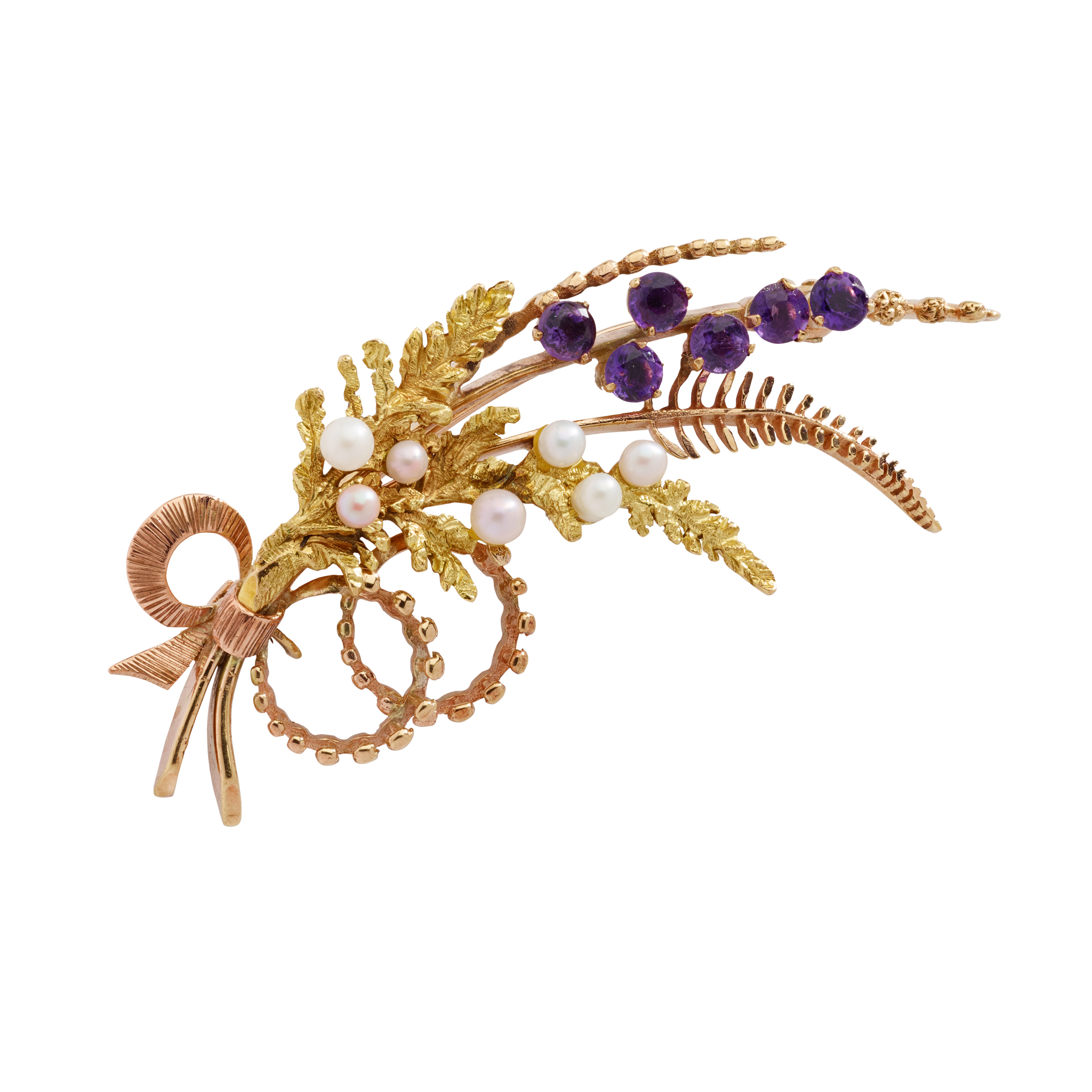 CAIRNCROSS OF PERTH: A 9CT GOLD SCOTTISH FRESHWATER PEARL AND AMETHYST 'FERN' BROOCH