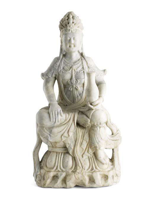 A 19th century South East Asian carved marble figure of Guanyin
