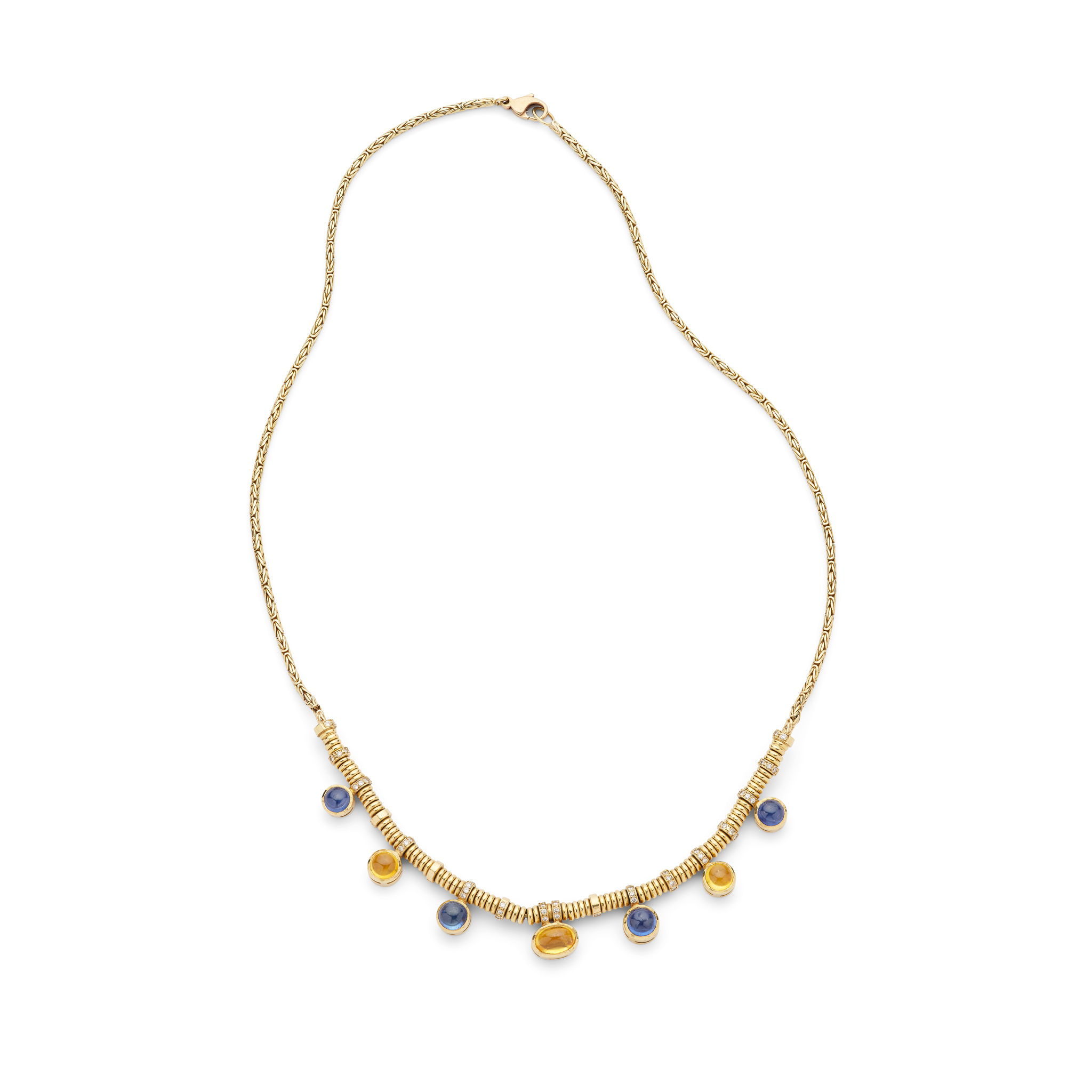 A blue and yellow sapphire and diamond necklace