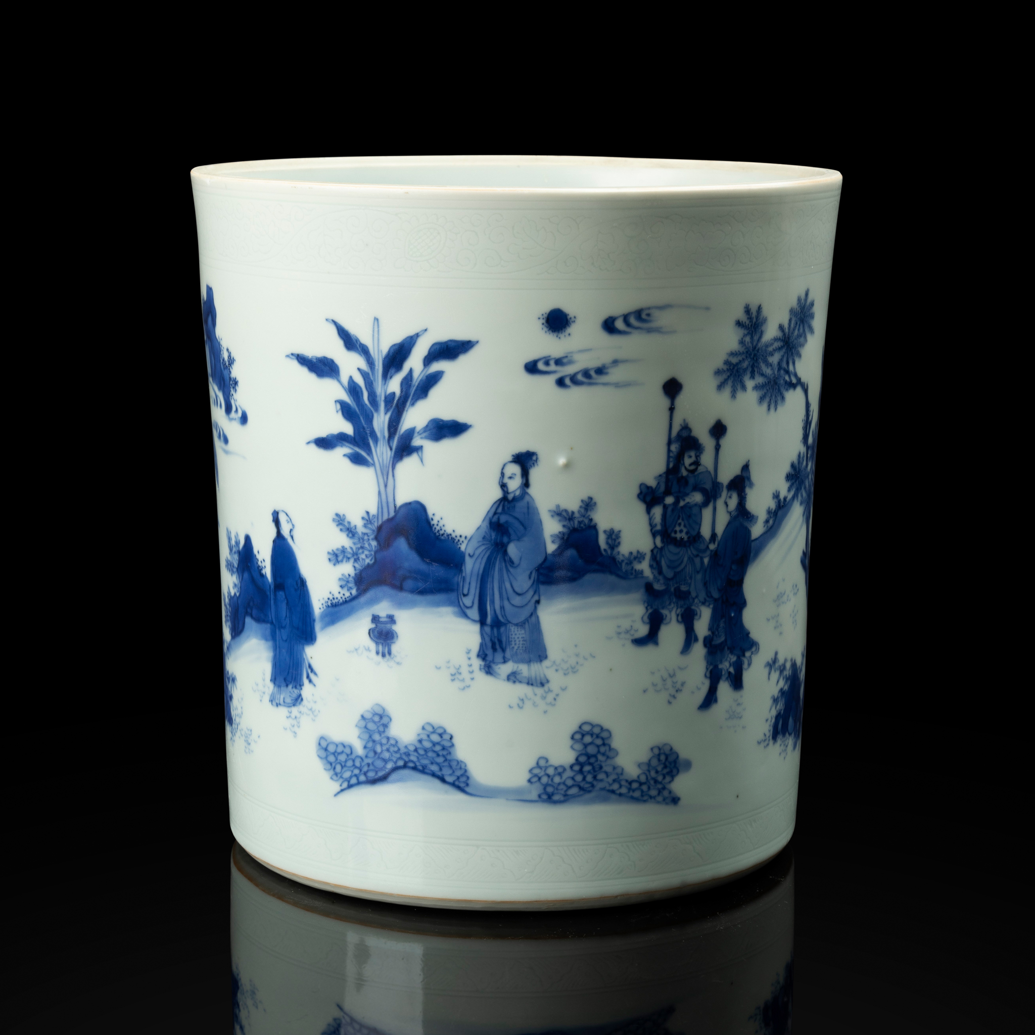 LARGE CHINESE BLUE AND WHITE 'KING WEN WANG' BRUSH POT