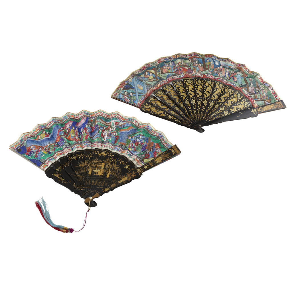 TWO PAINTED AND LACQUERED 'THOUSAND FACES' FANS