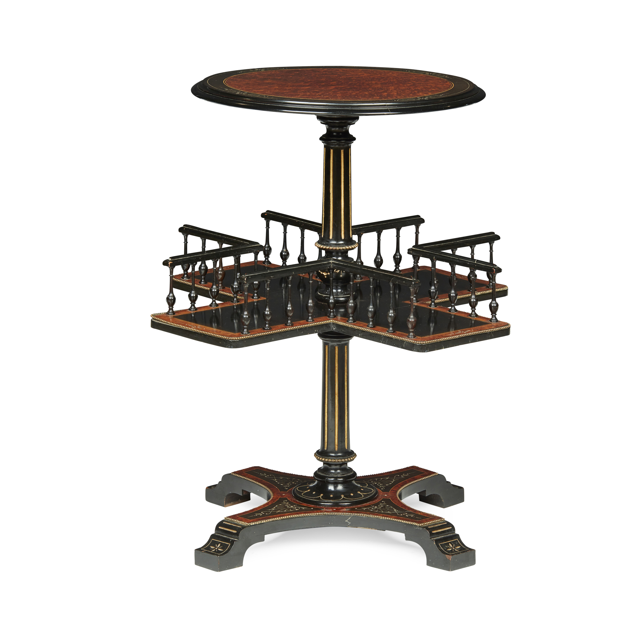 VICTORIAN AESTHETIC PERIOD AMBOYNA, EBONISED, AND PARCEL-GILT BOOKSTAND