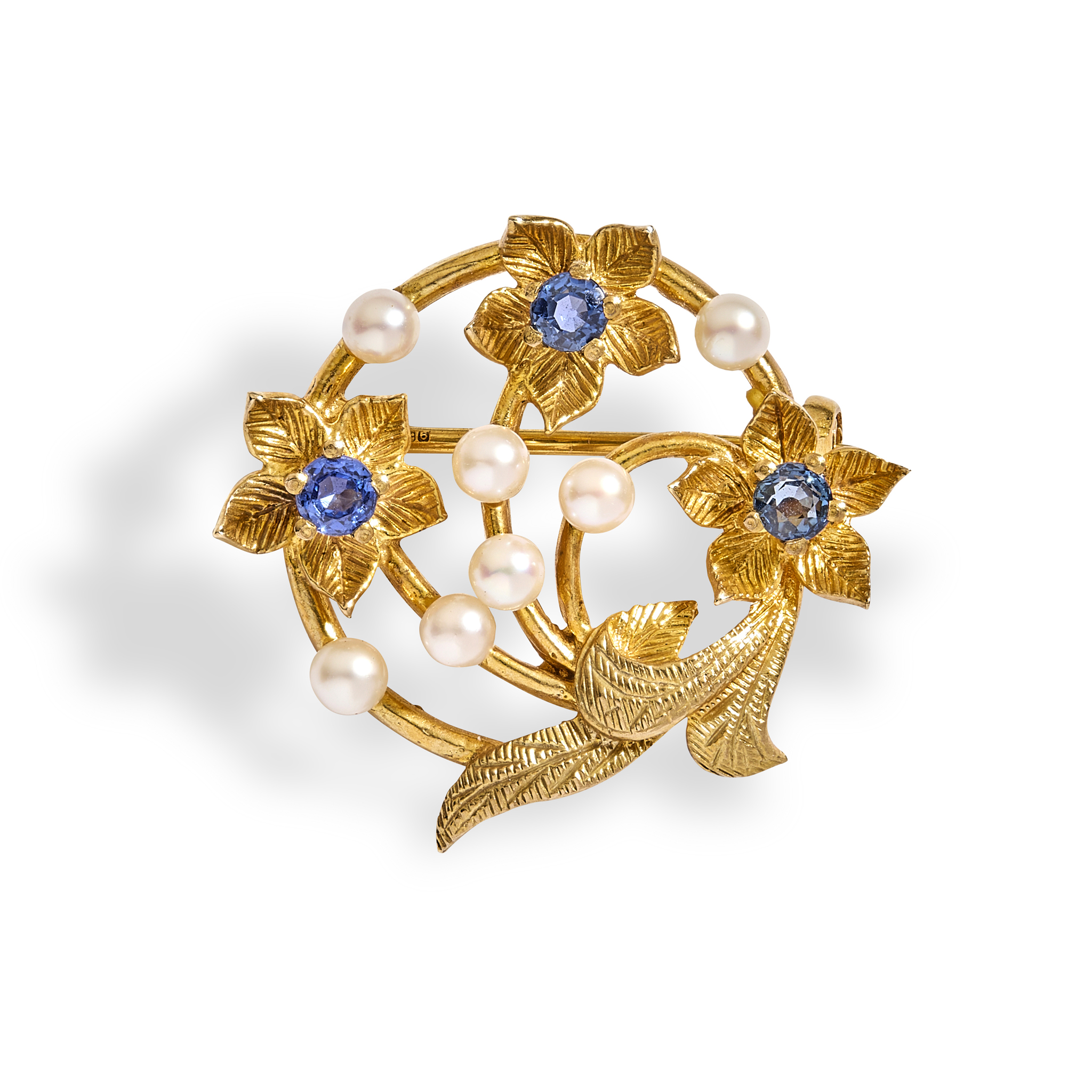 A 9ct gold sapphire and pearl brooch