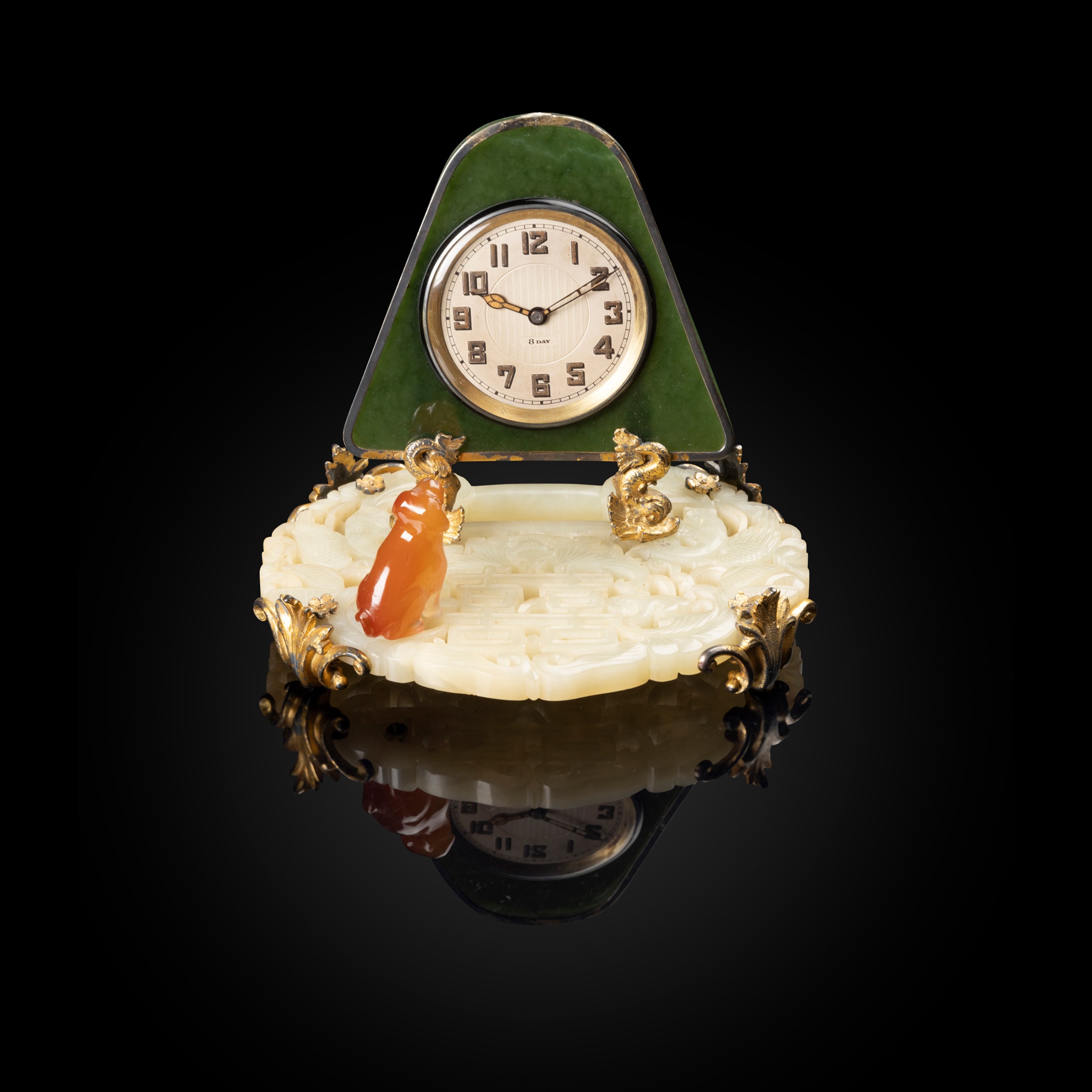 WHITE AND SPINACH GREEN JADE PLAQUES INSET CLOCK RETAILED BY YAMANAKA