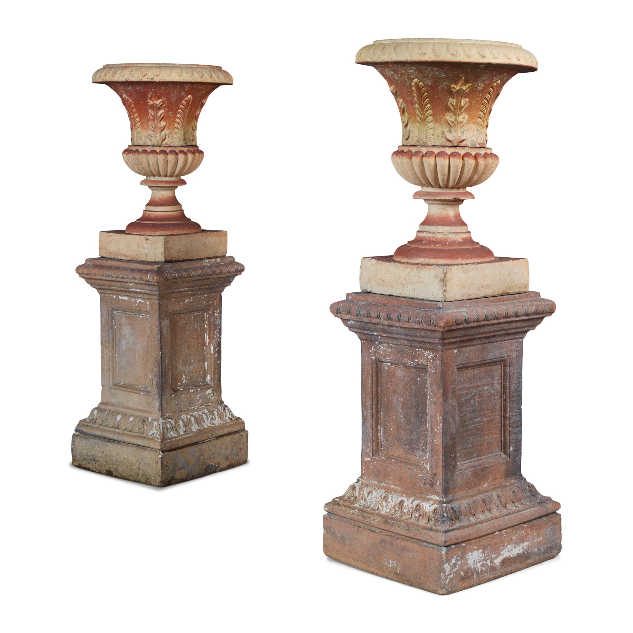 PAIR OF SCOTTISH FIRECLAY URNS AND PEDESTALS