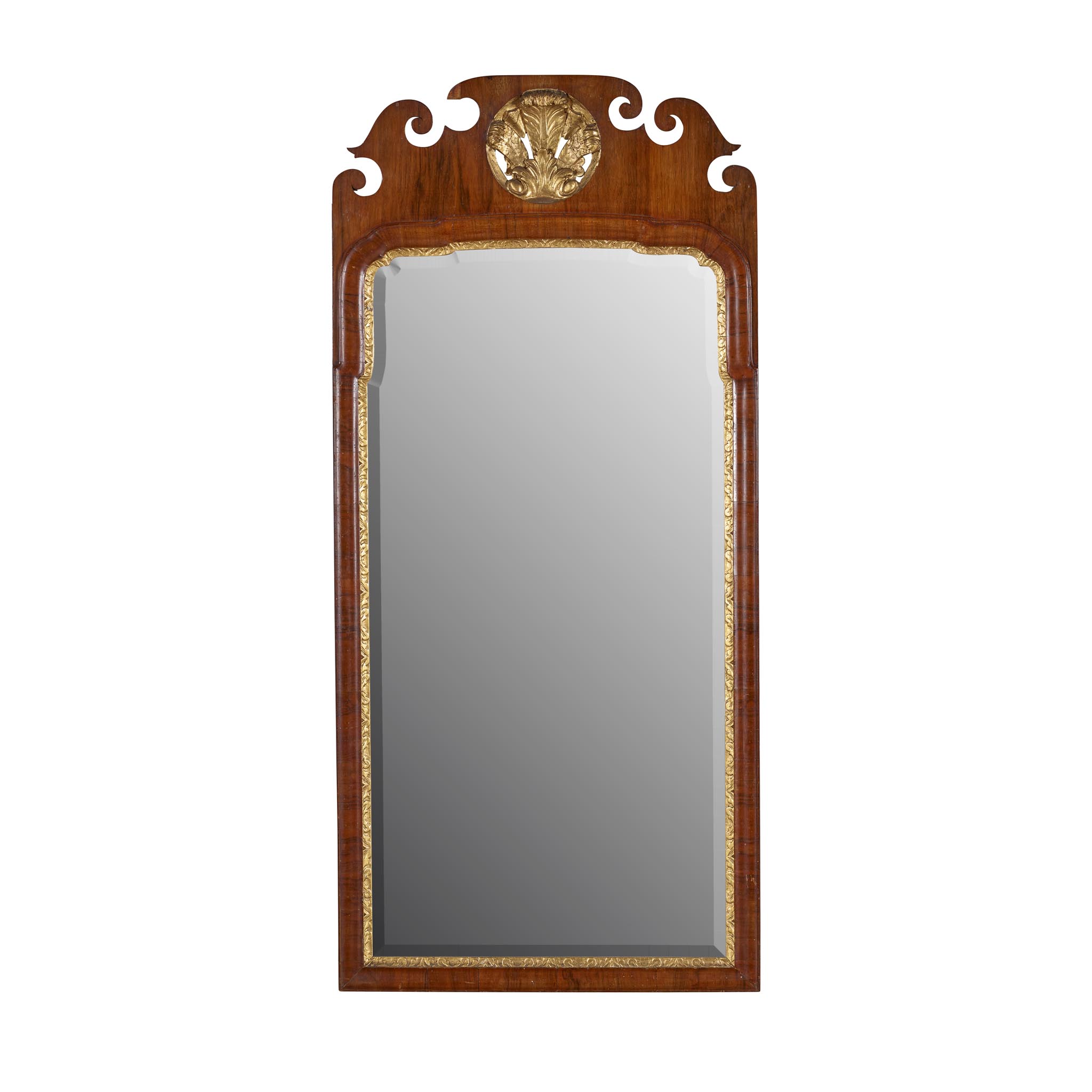 GEORGE I WALNUT AND GILT MIRROR