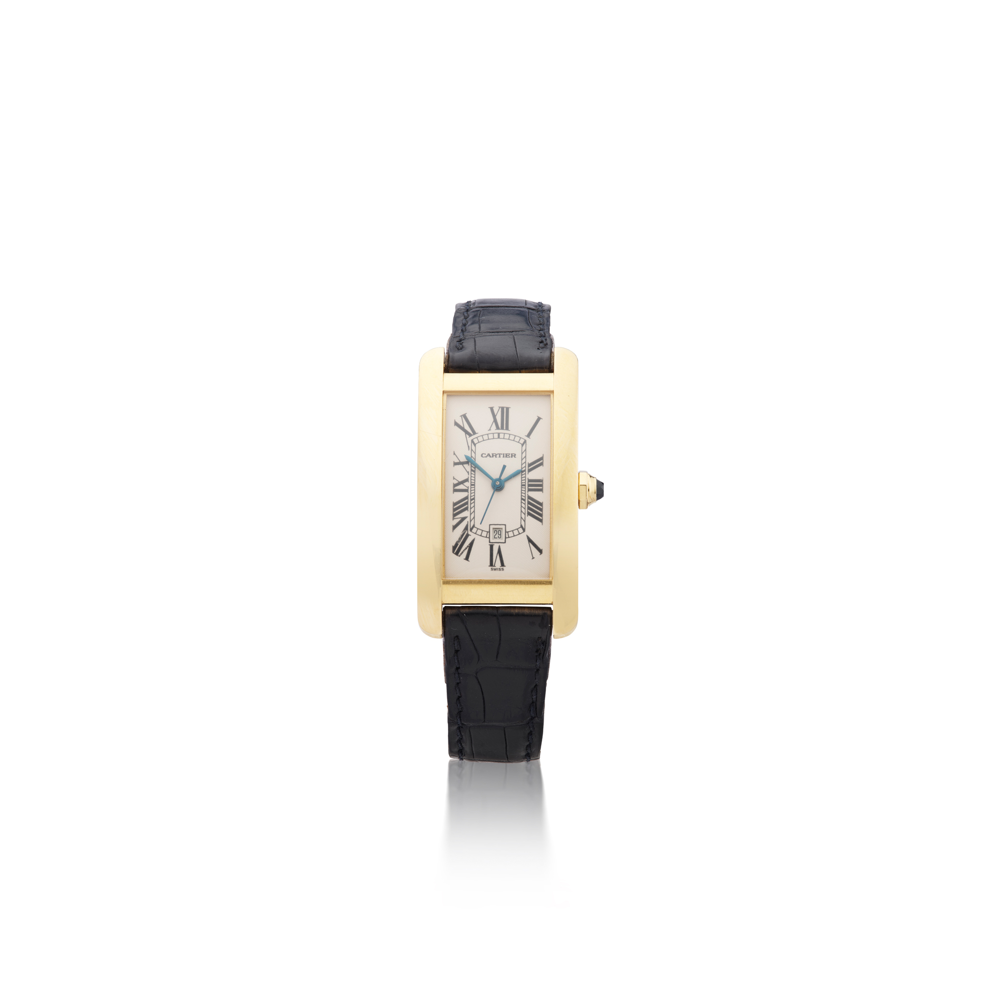 Cartier: A gold self-winding rectangular wristwatch with date