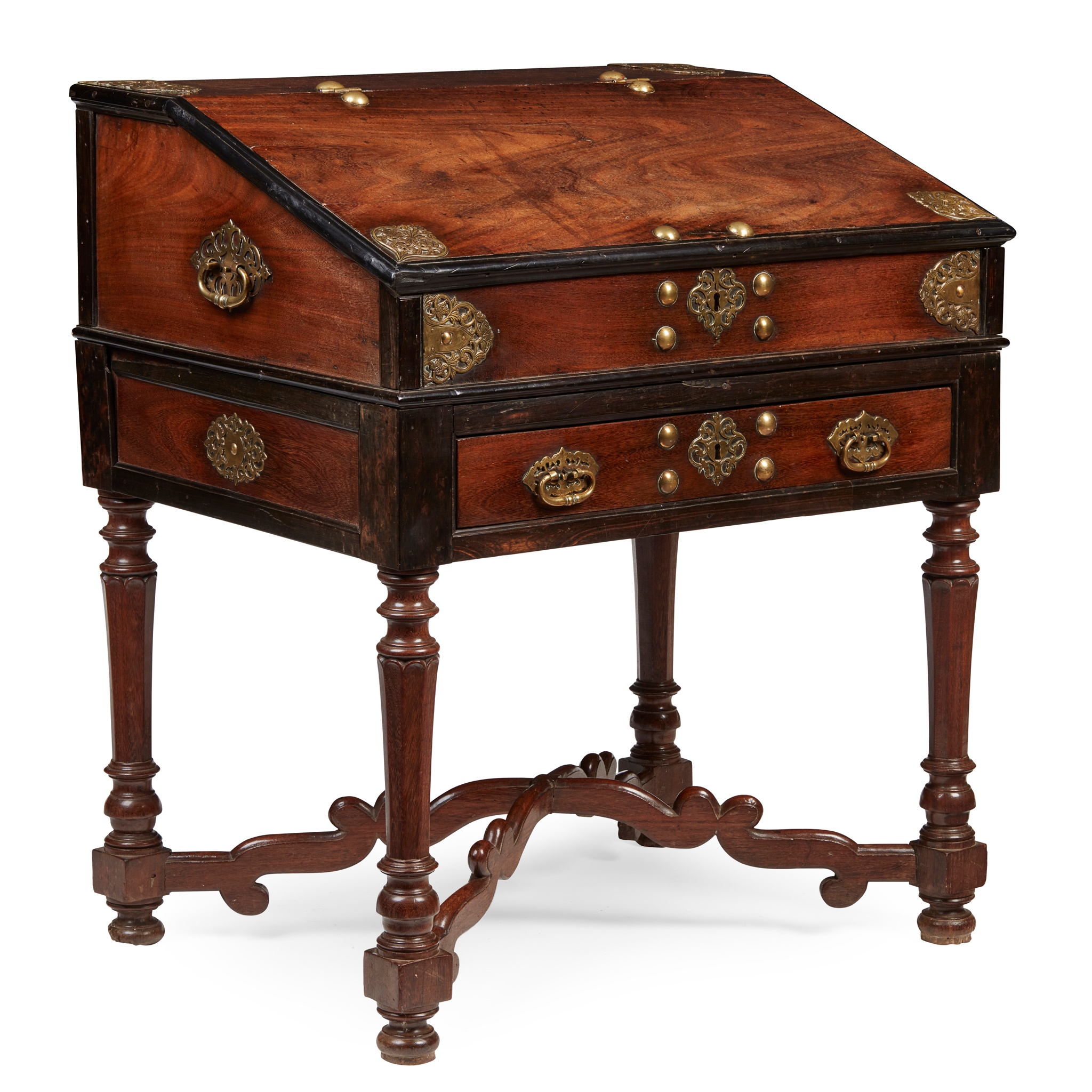 DUTCH COLONIAL TEAK AND EBONY BRASS MOUNTED SLANT TOP DESK