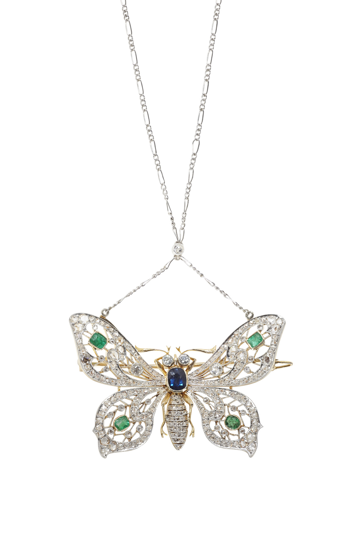An early 20th century multi-gem set butterfly brooch/pendant with chain