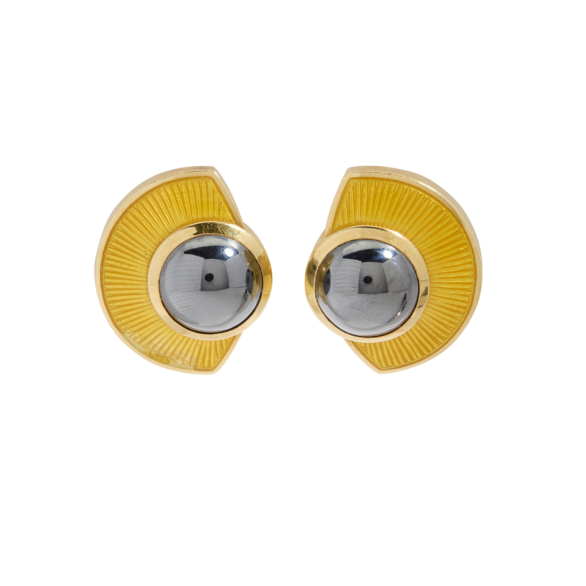 Leo de Vroomen: A pair of 18ct gold hematite and yellow enamel earrings