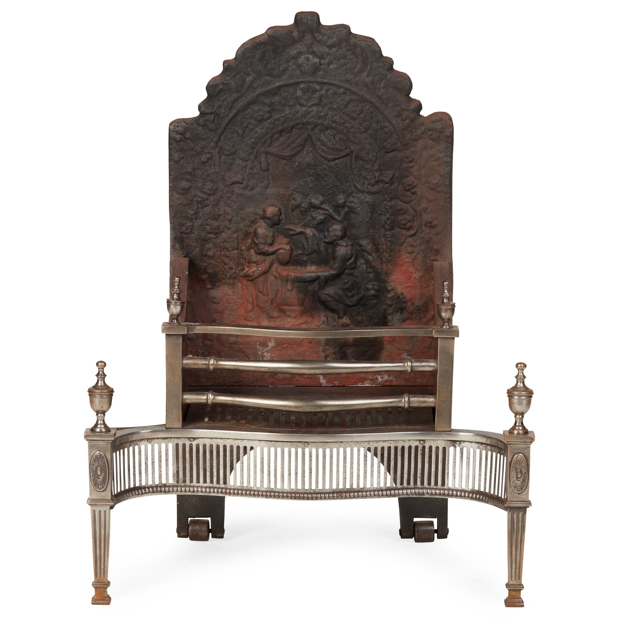 GEORGE III STYLE STEEL AND CAST IRON FIRE GRATE