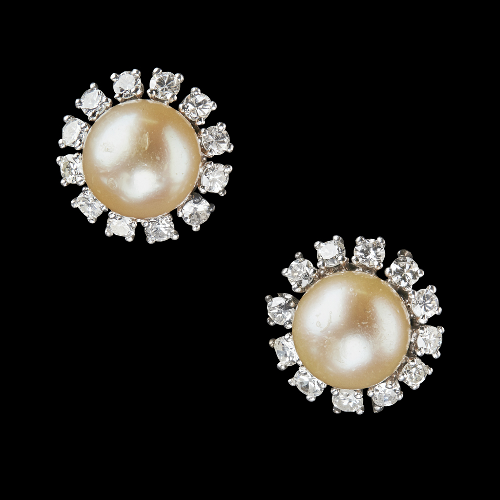 A pair of pearl and diamond set cluster earrings
