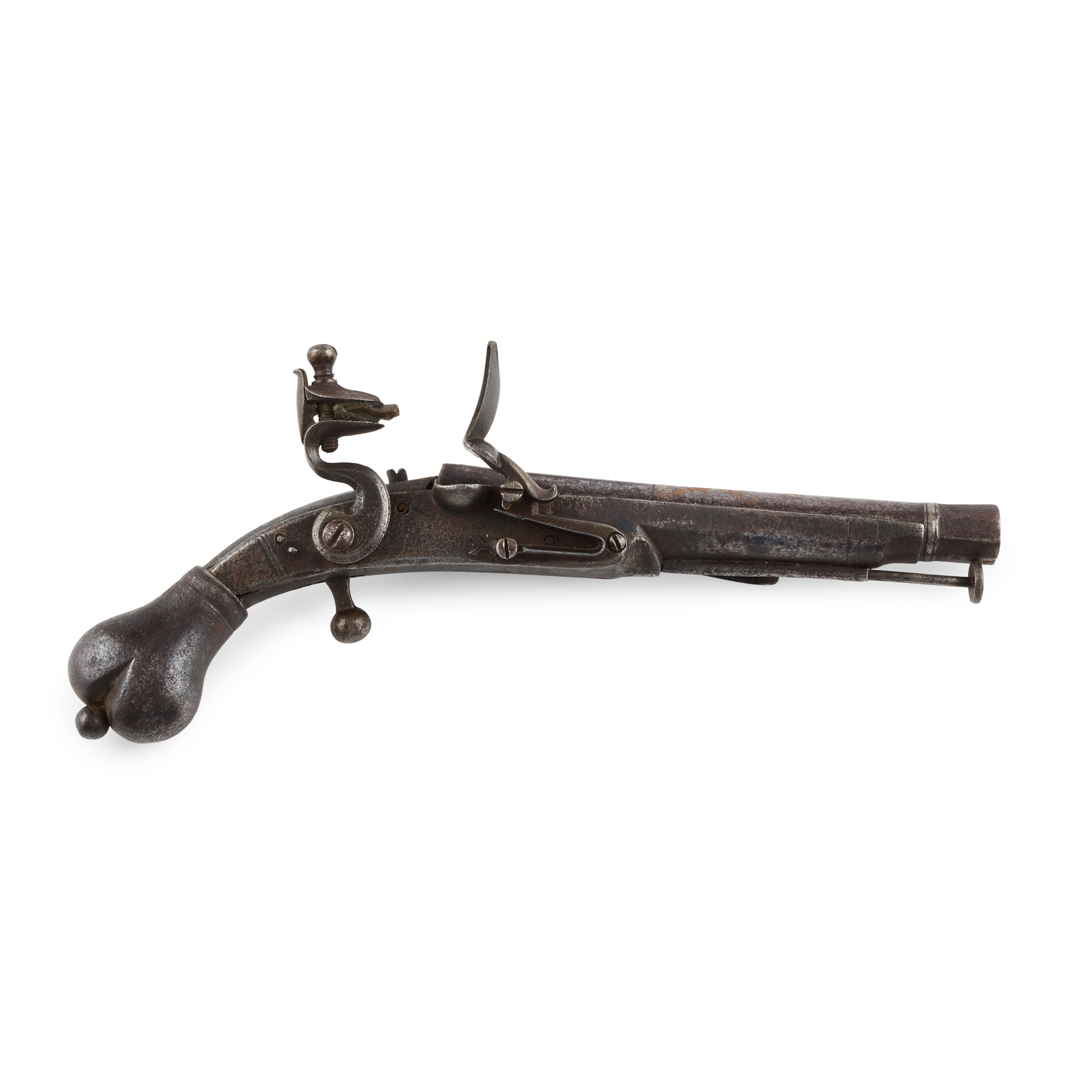AN EARLY 18TH CENTURY SCOTTISH ALL METAL FLINT LOCK HEART BUTT BELT PISTOL