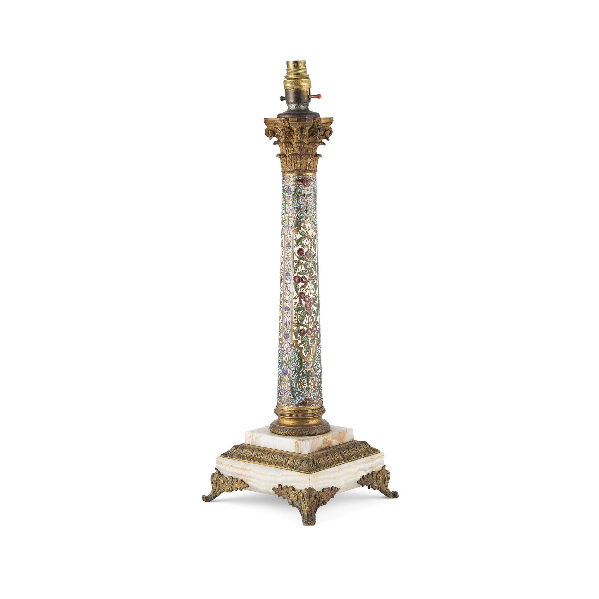 FRENCH BRONZE, CHAMPLEVÉ ENAMEL, AND ONYX CORINTHIAN COLUMN TABLE LAMP