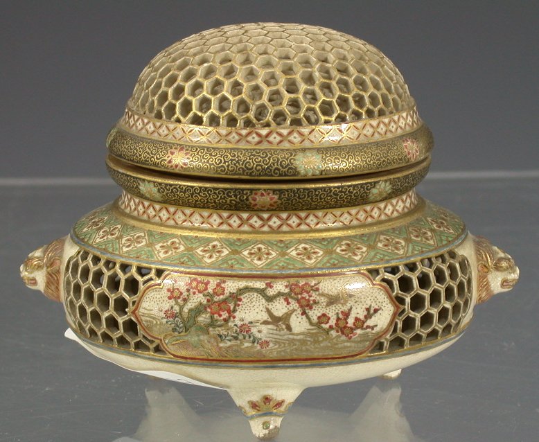 A Japanese Satsuma pot pourri twin handled vase and cover