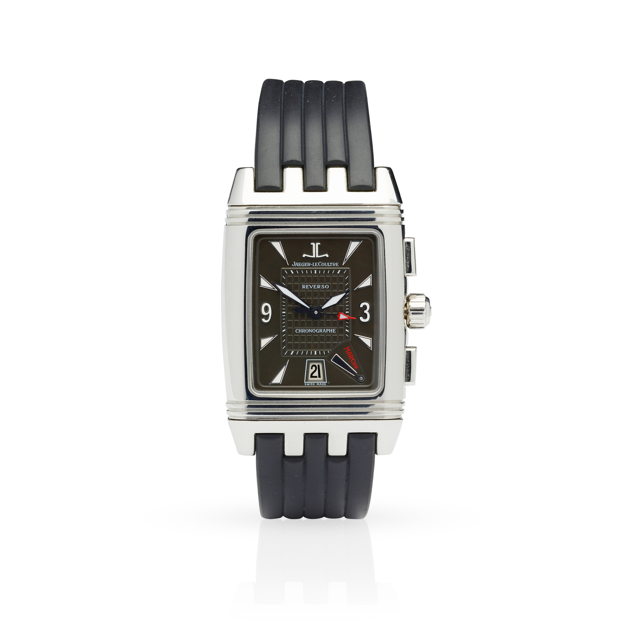 Jaeger LeCoultre. A fine stainless steel reversible double-dial retrograde chronograph wristwatch