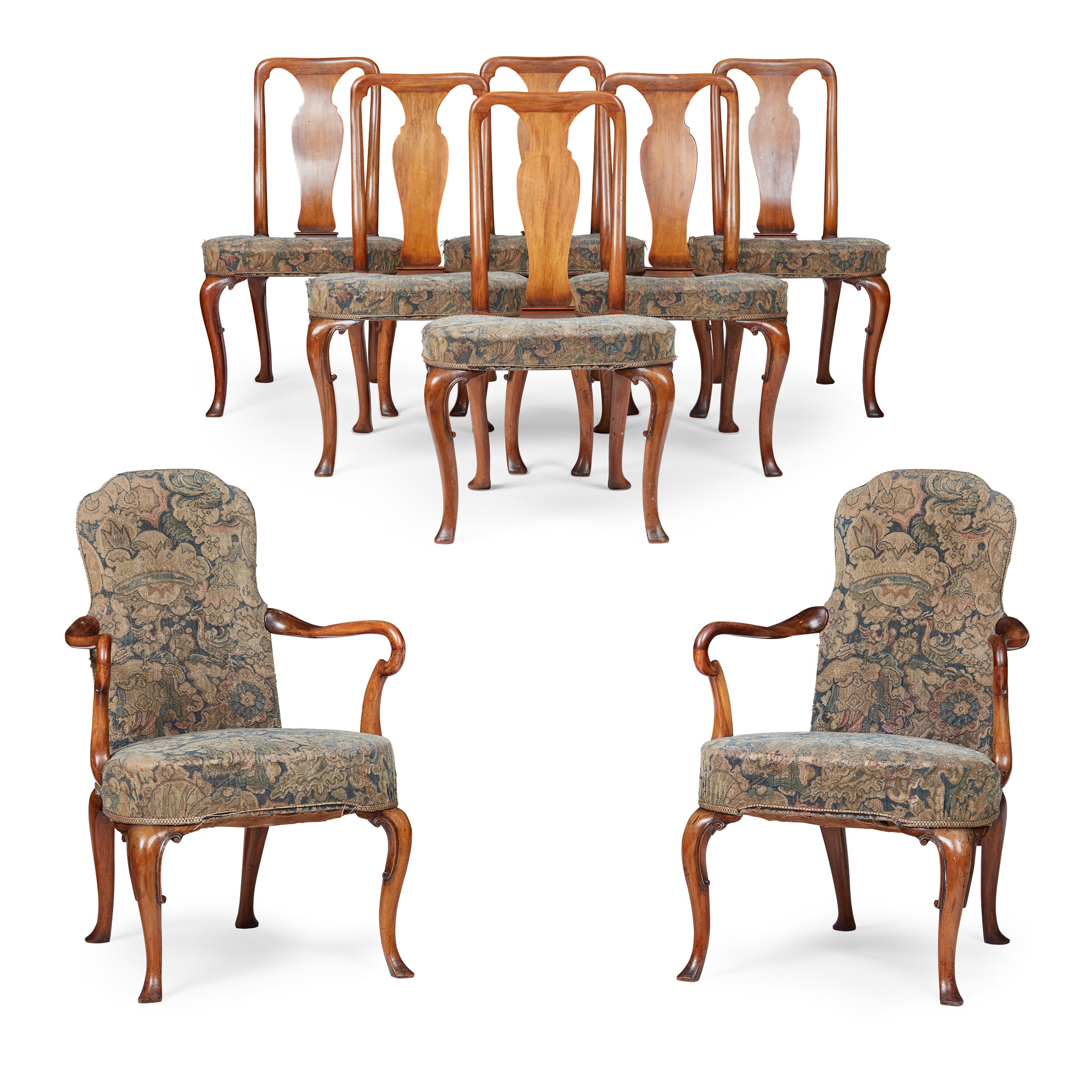 SET OF EIGHT WALNUT QUEEN ANNE STYLE DINING CHAIRS