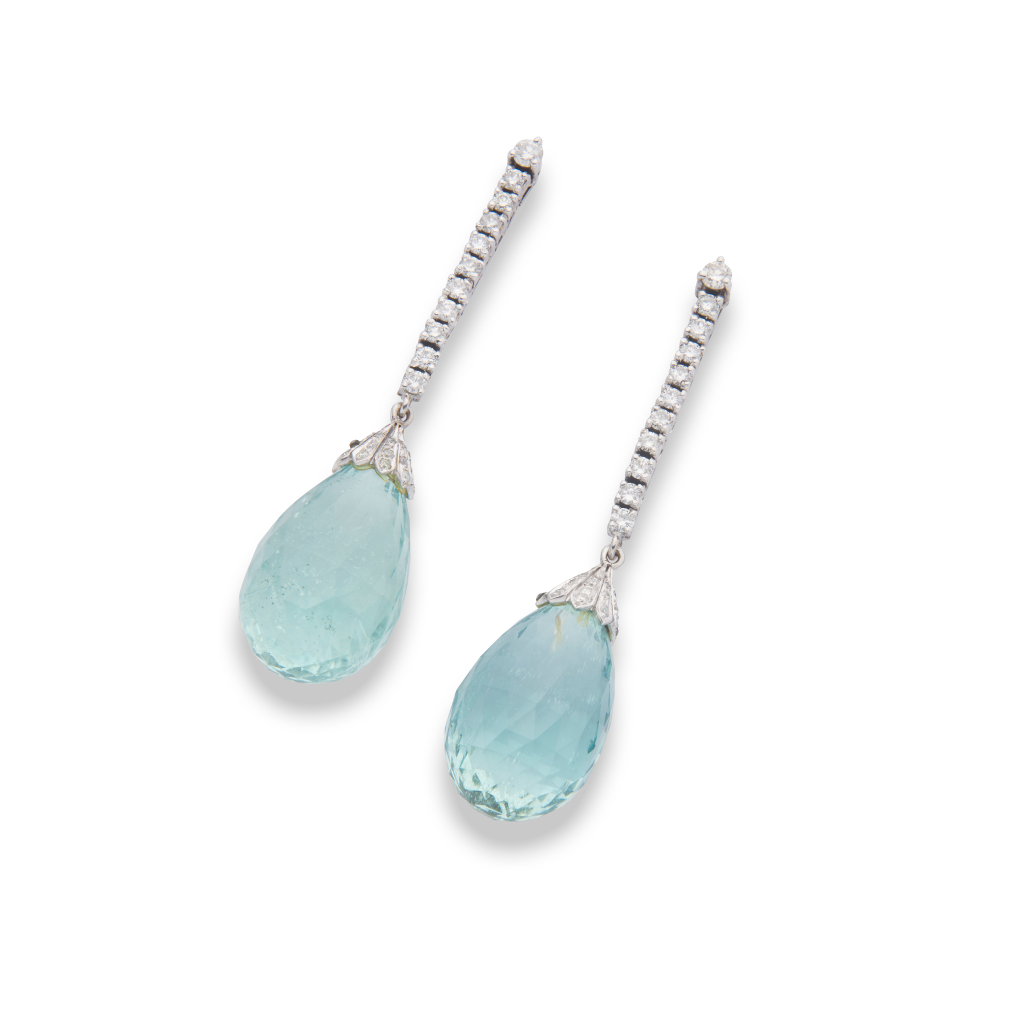 A pair of aquamarine and diamond pendent earrings
