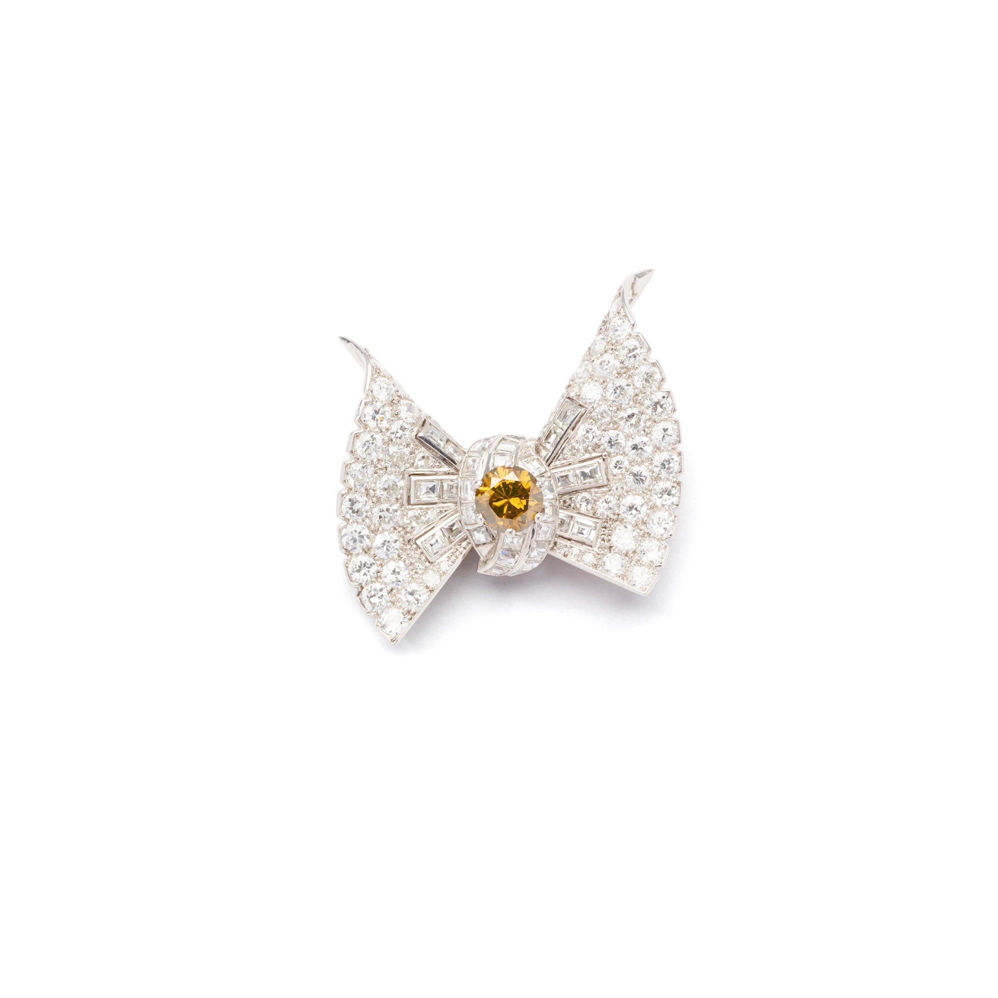 Cartier: A diamond and coloured diamond bow brooch
